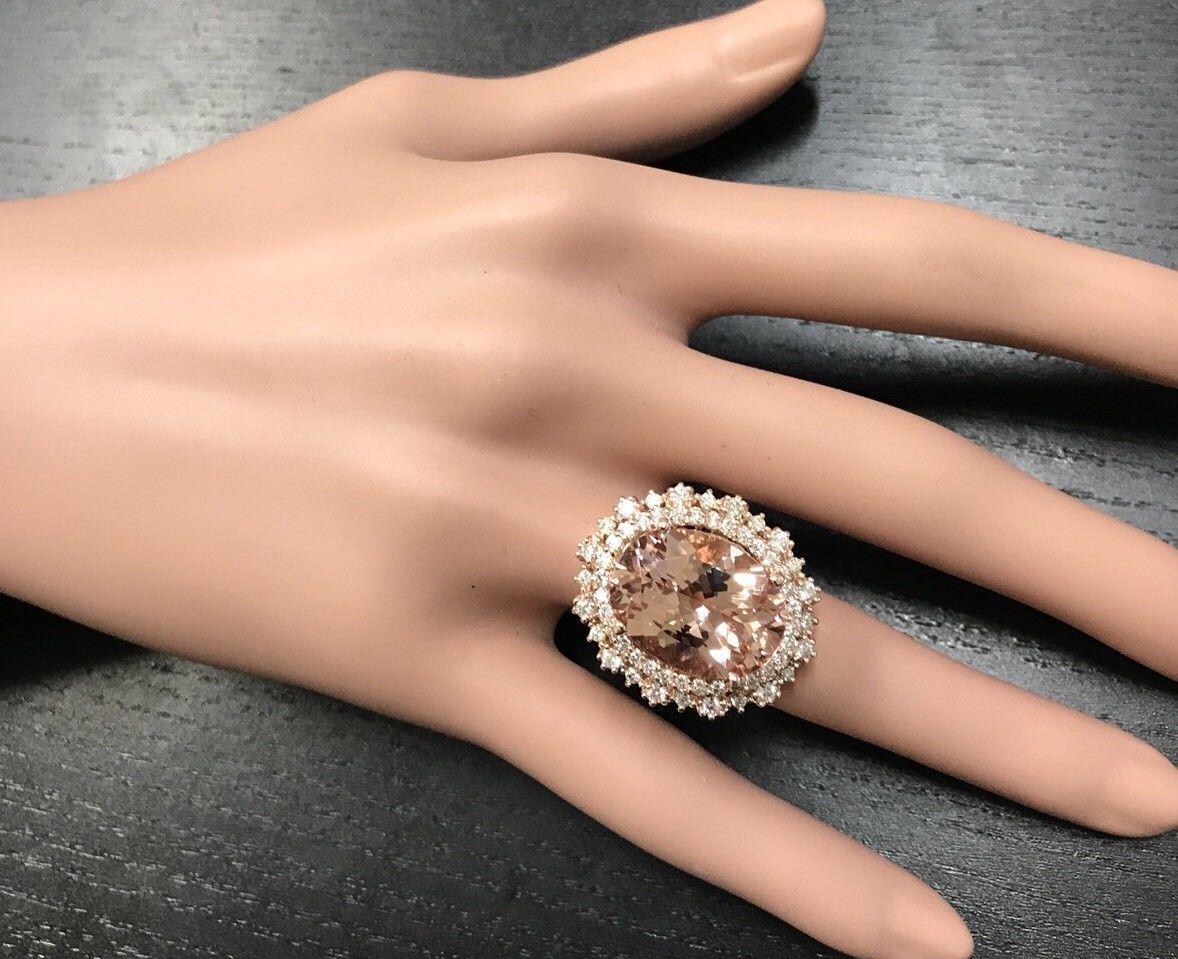 Exquisita Morganita Natural de 13,65 Quilates y Diamante Anillo de Oro Macizo de 14 Kilates en venta 2