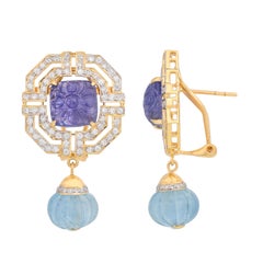 13.65 Carats Tanzanite Aquamarine and Diamond 18 Karat Yellow Gold Earrings