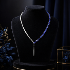 13.65 Ct Natural Diamond 39.82 Ct Blue Sapphire Heart Y Necklace 18K White Gold