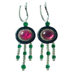13.65Carat Tourmaline, Emerald 2.56, Black Enamel & Diamonds Chandelier Earrings