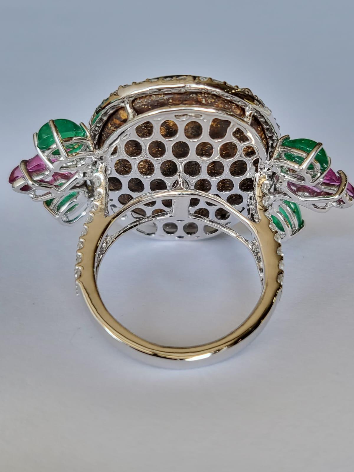 Round Cut 13.67 Carats Doublet Opal, Natural Emerald, Tourmaline & Diamonds Cocktail Ring For Sale