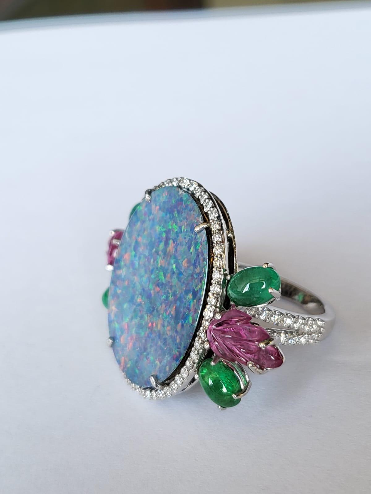 13.67 Carats Doublet Opal, Natural Emerald, Tourmaline & Diamonds Cocktail Ring In New Condition For Sale In Hong Kong, HK