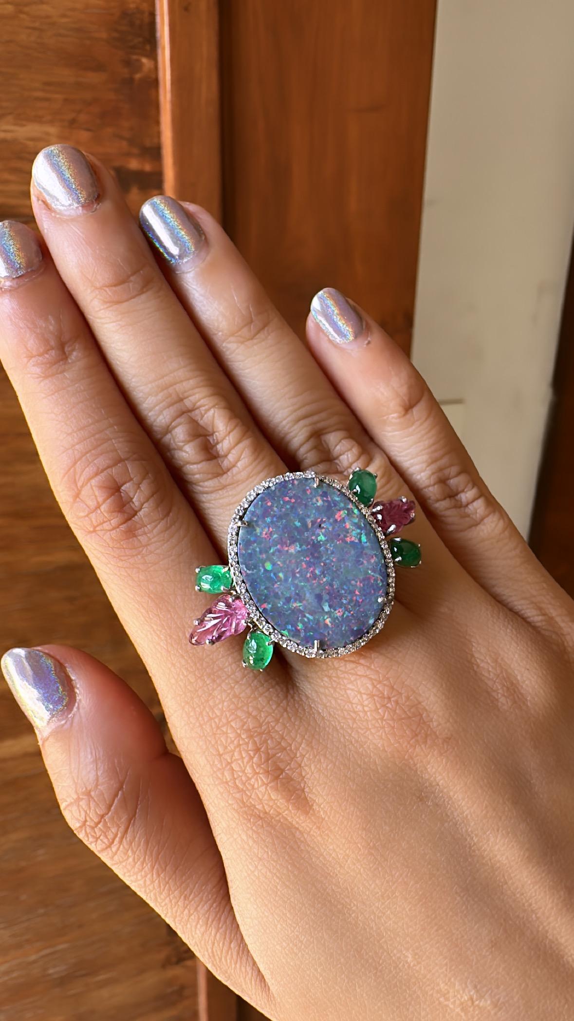 Women's or Men's 13.67 Carats Doublet Opal, Natural Emerald, Tourmaline & Diamonds Cocktail Ring For Sale