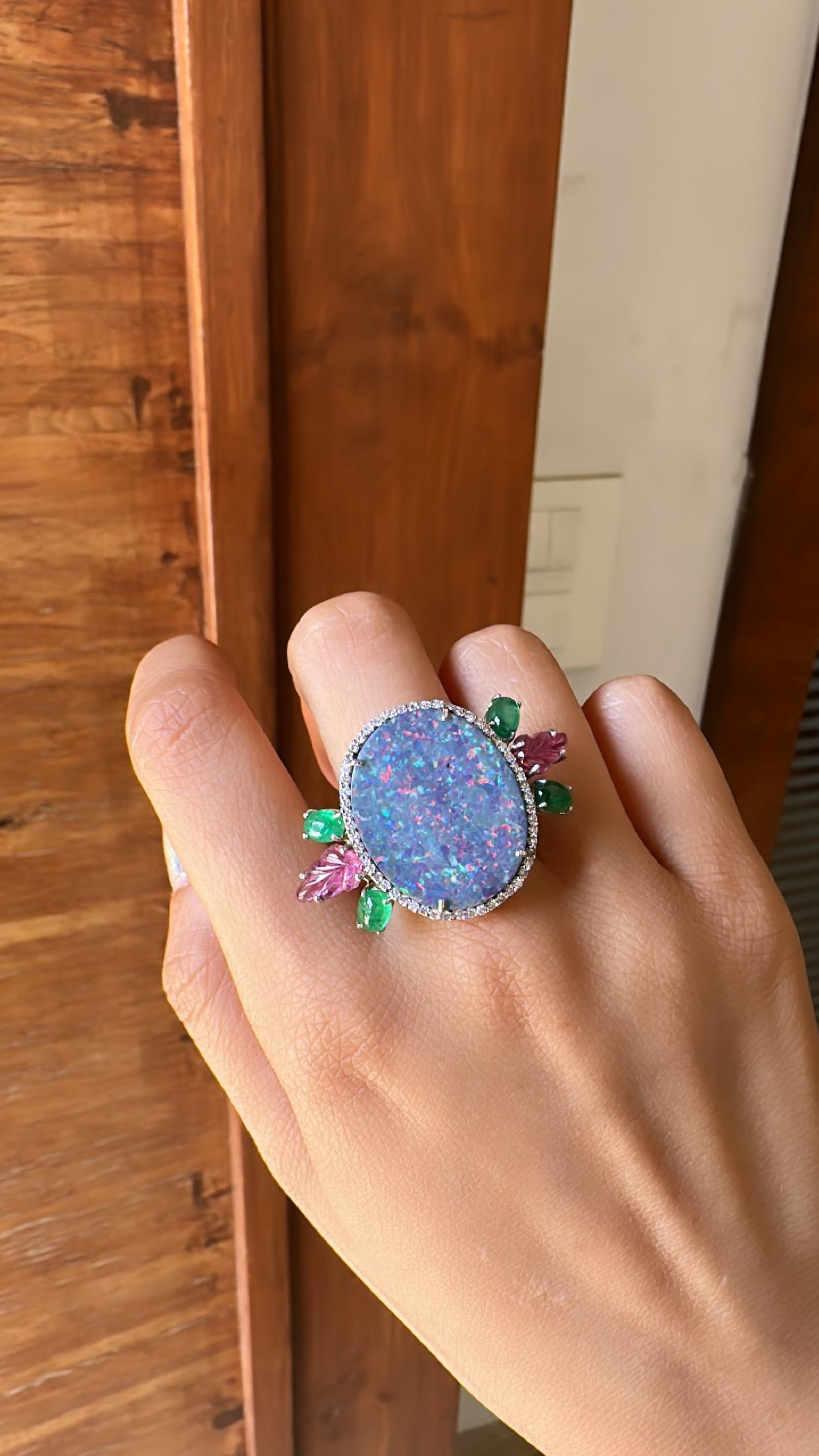 13.67 Carats Doublet Opal, Natural Emerald, Tourmaline & Diamonds Cocktail Ring For Sale 1