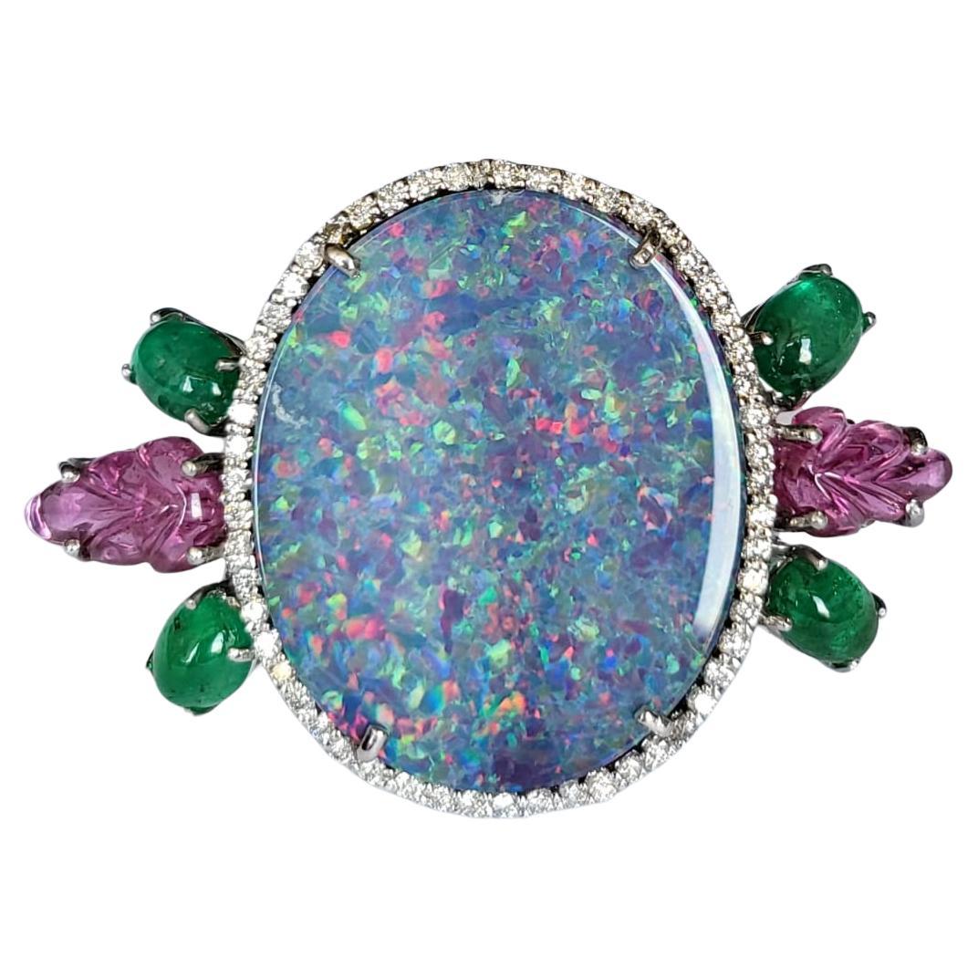 13.67 Carats Doublet Opal, Natural Emerald, Tourmaline & Diamonds Cocktail Ring For Sale