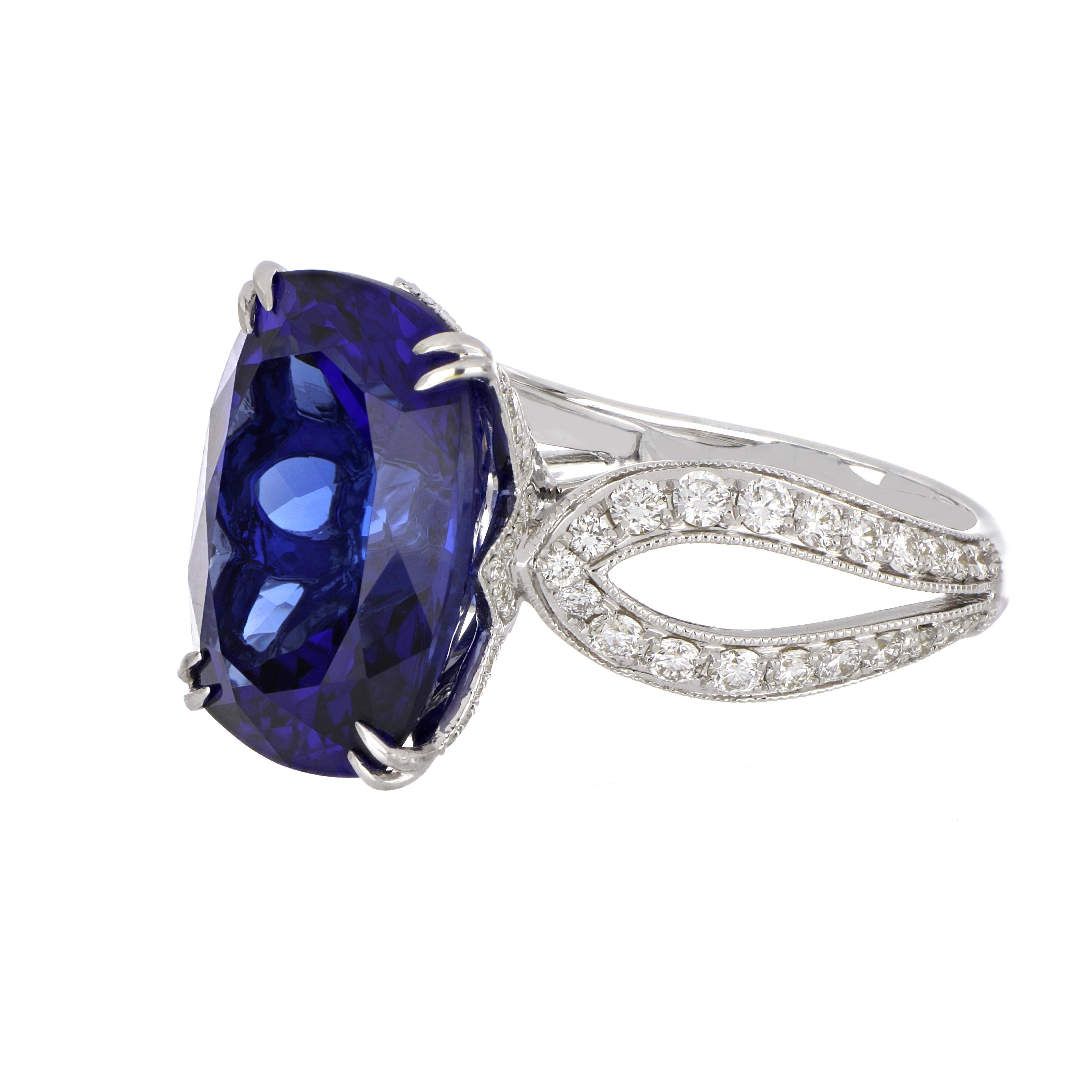 Contemporary 13.67 Carat Cushion Tanzanite Ring with Diamonds 18 Karat White Gold