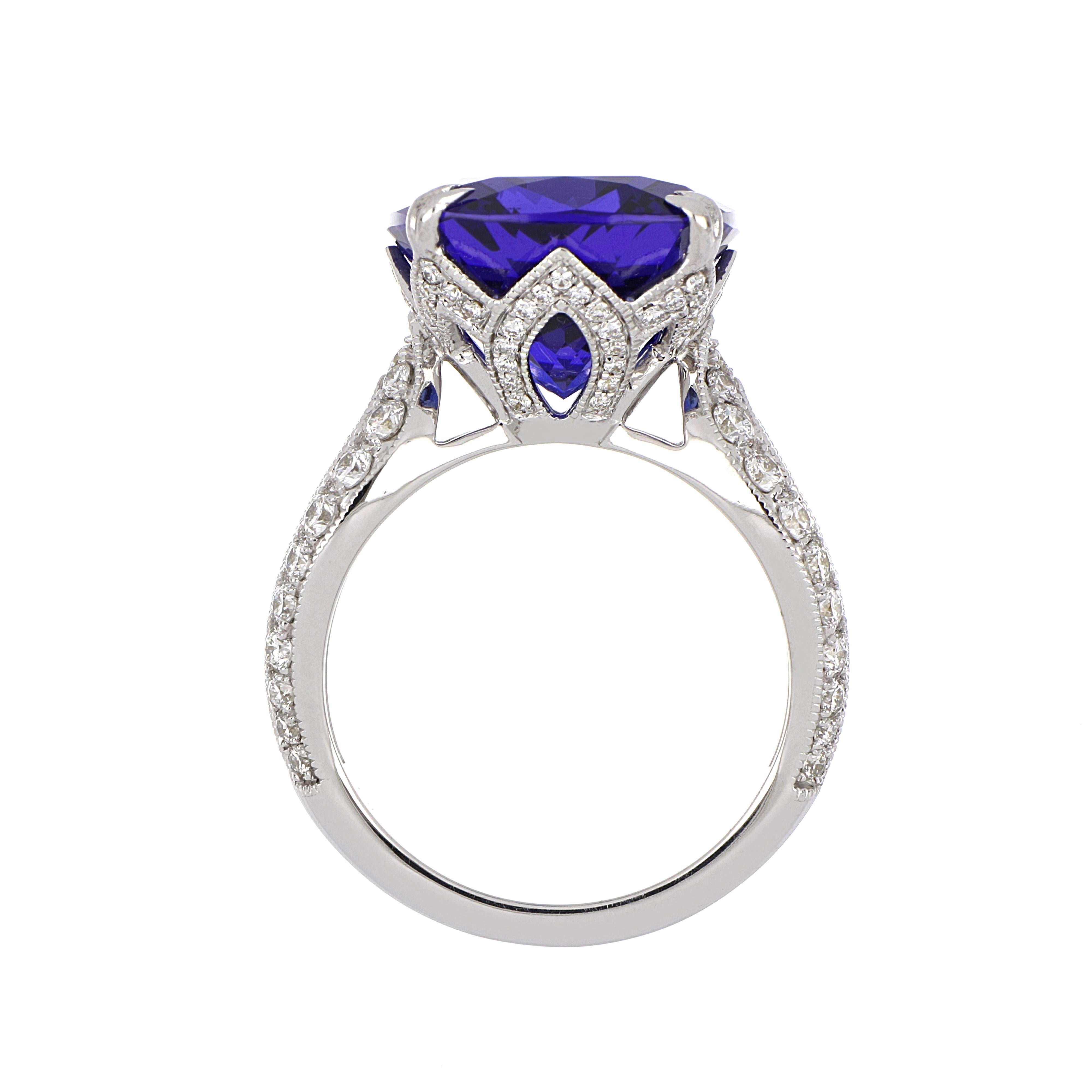 Women's 13.67 Carat Cushion Tanzanite Ring with Diamonds 18 Karat White Gold