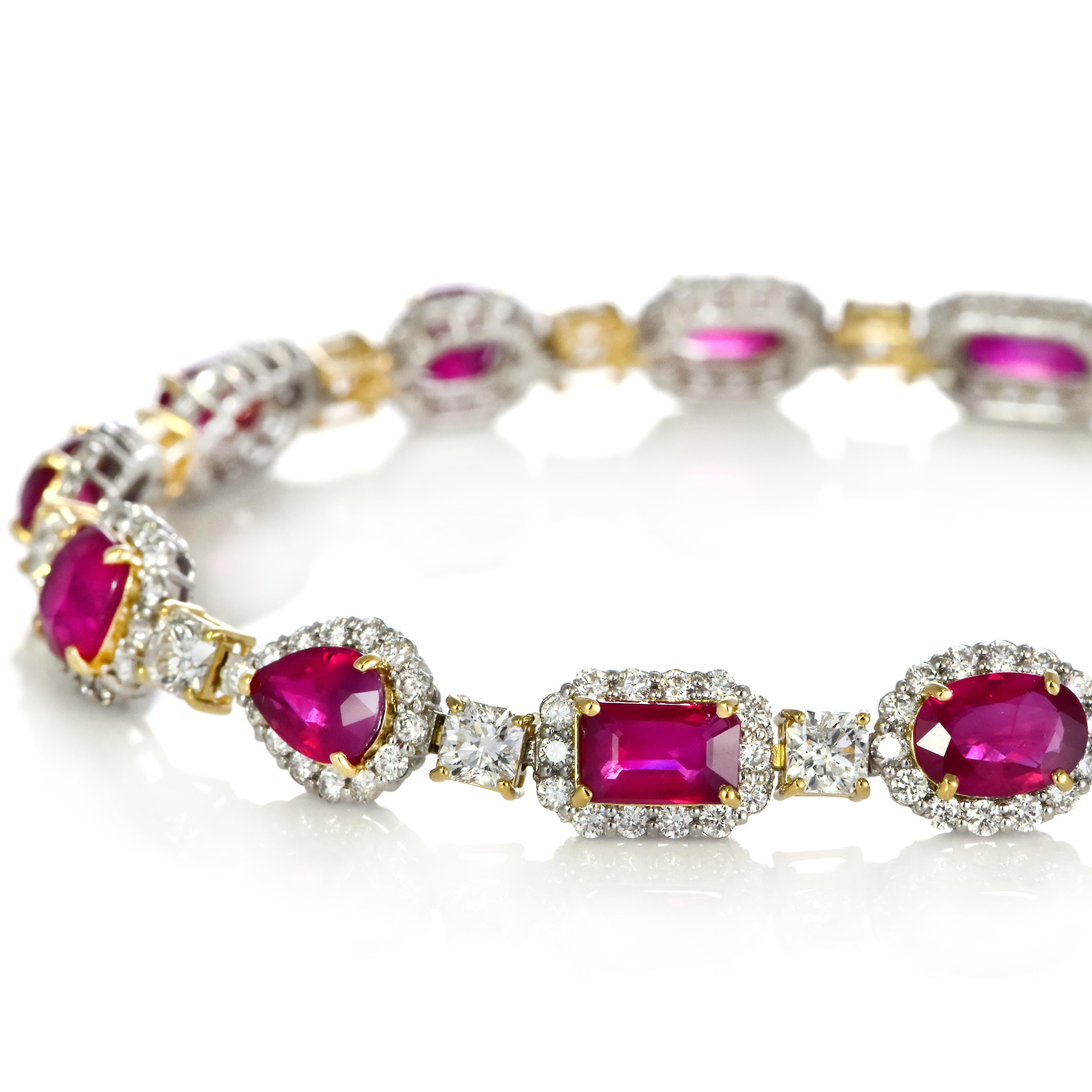 A beautiful bracelet set in platinum and 18K Gold featuring a total of 13.68 Carats of Burmese Rubies and 5.66 Carat Diamonds. Rubies are referred to as 