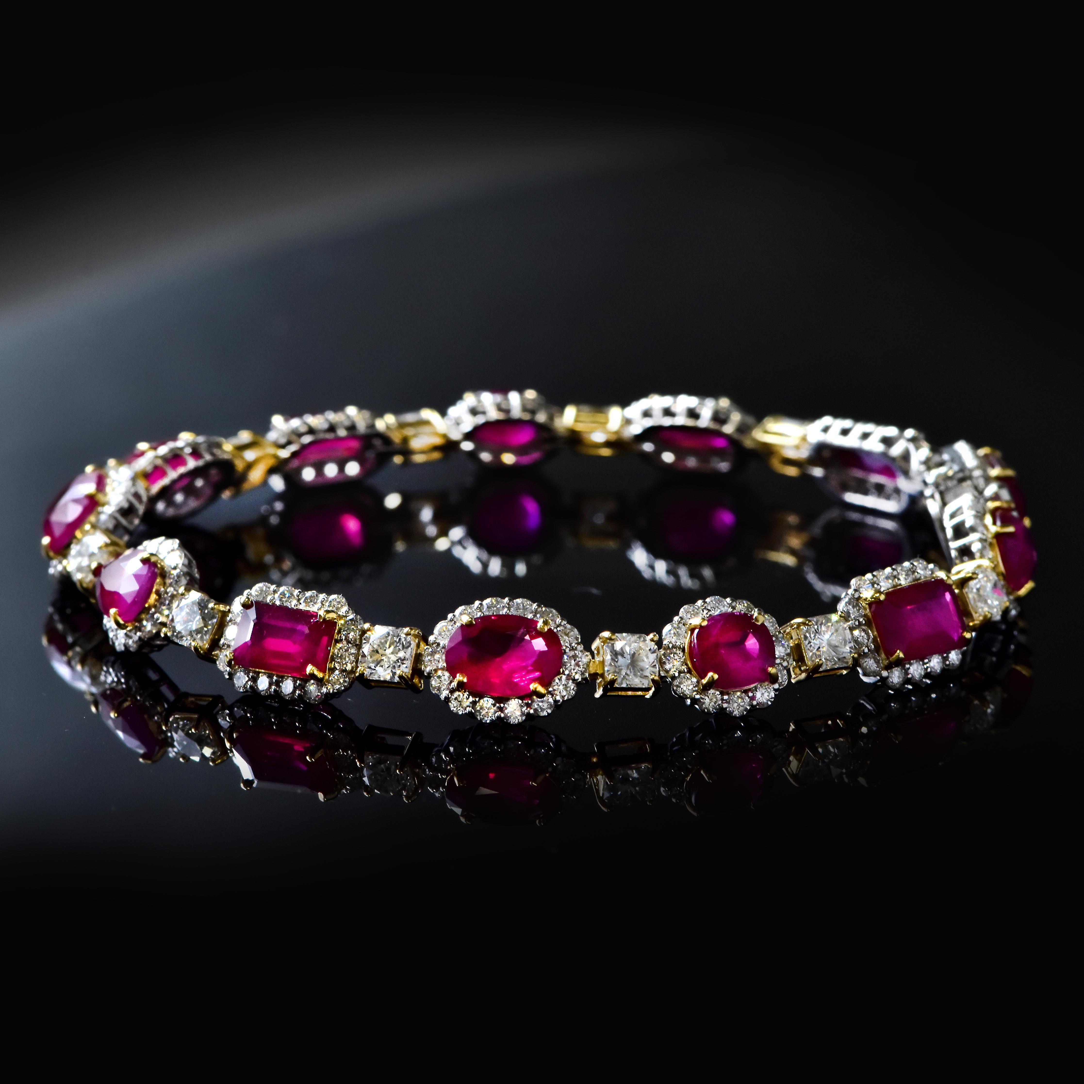 Modern 13.68 Carat Natural Burmese Rubies & Diamond Bracelet Made in Platinum/18K Gold For Sale