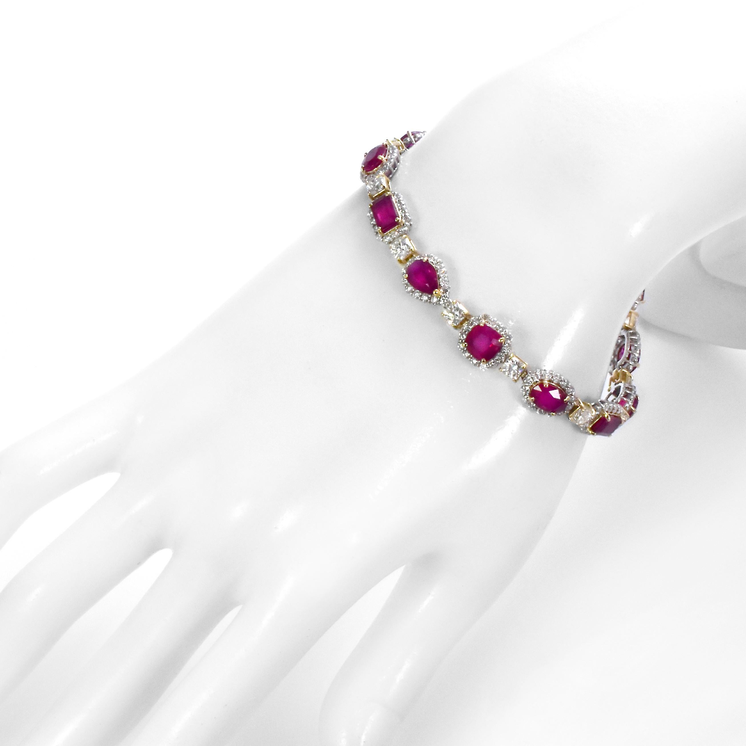 Oval Cut 13.68 Carat Natural Burmese Rubies & Diamond Bracelet Made in Platinum/18K Gold For Sale