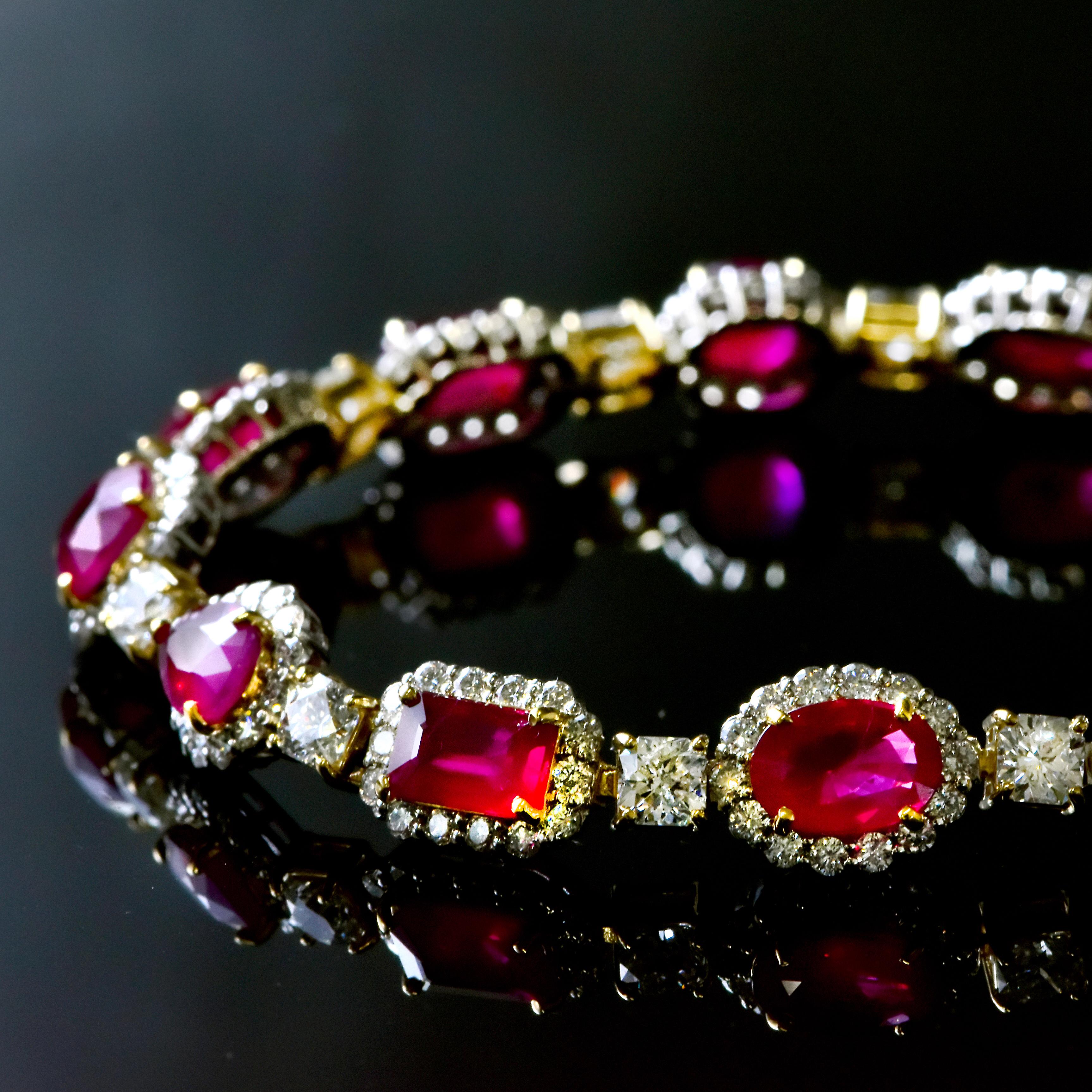 Women's 13.68 Carat Natural Burmese Rubies & Diamond Bracelet Made in Platinum/18K Gold For Sale