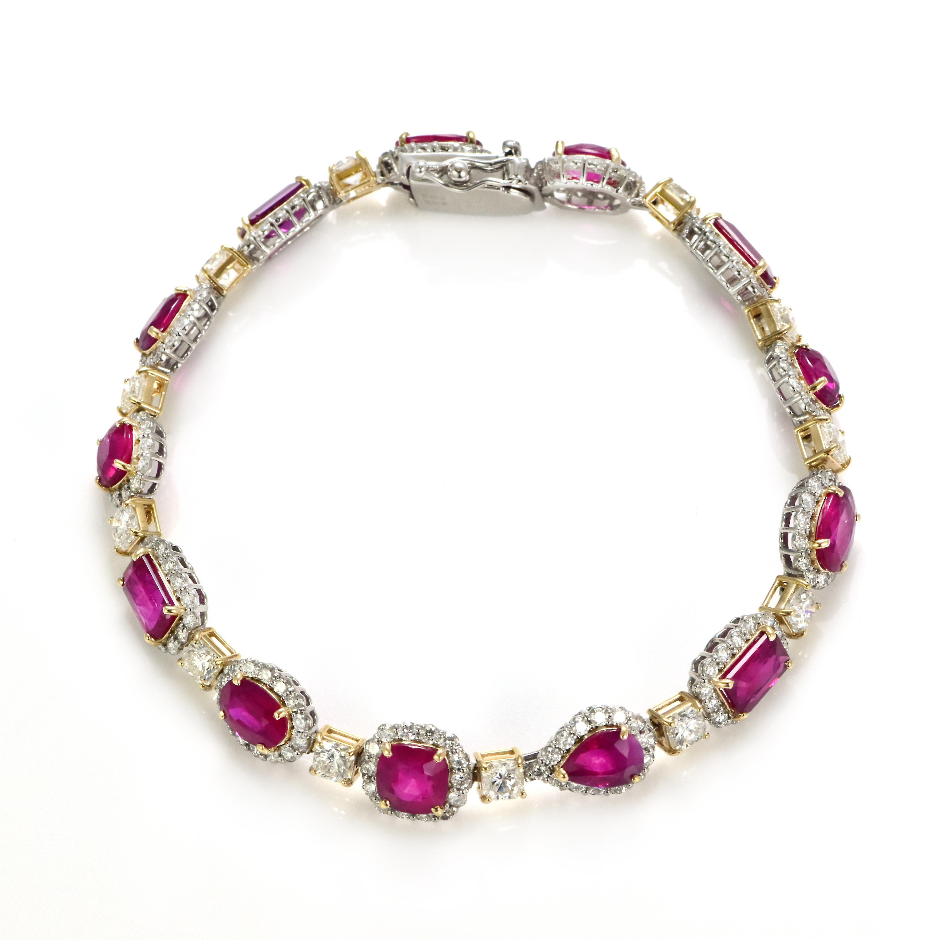 13.68 Carat Natural Burmese Rubies & Diamond Bracelet Made in Platinum/18K Gold For Sale 1