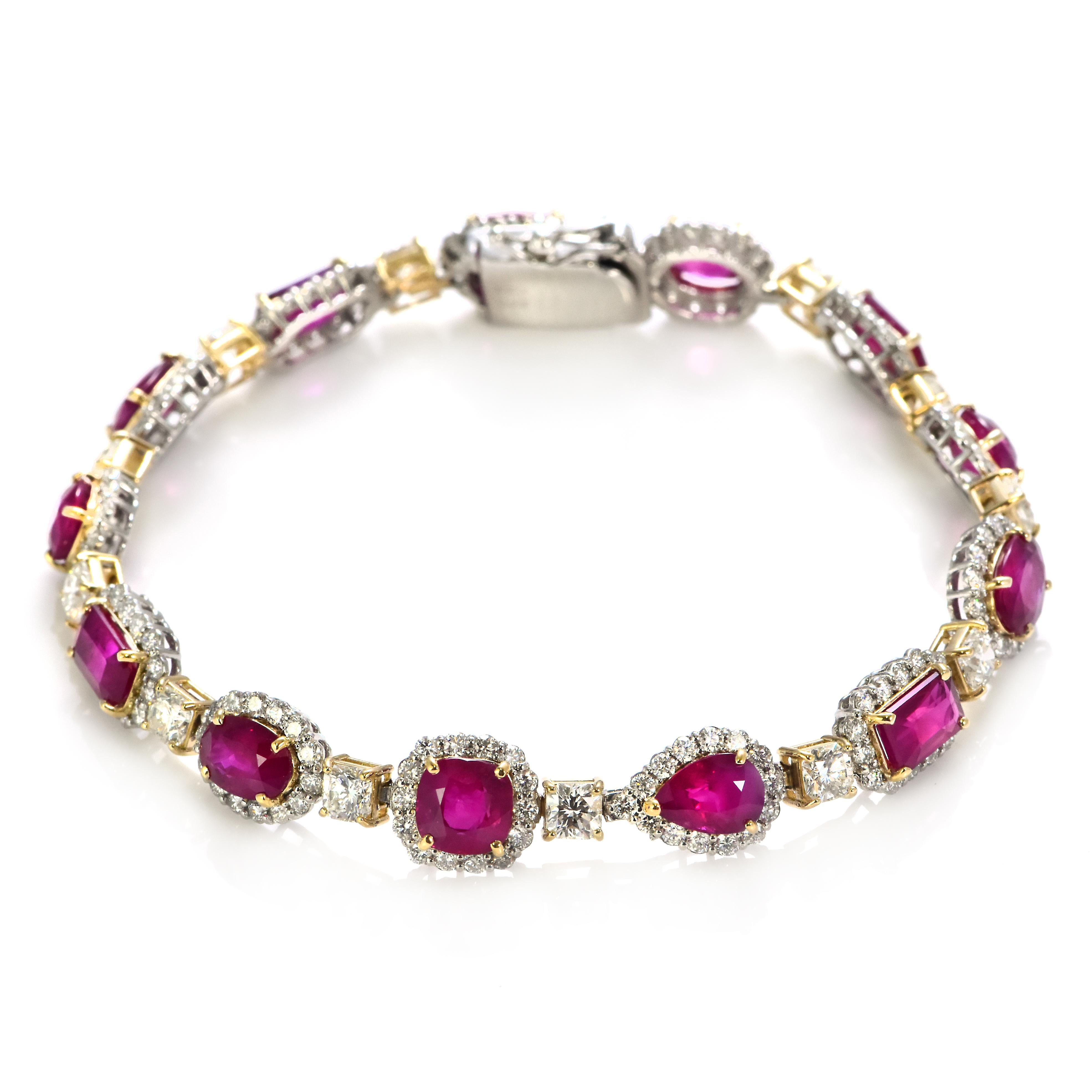 13.68 Carat Natural Burmese Rubies & Diamond Bracelet Made in Platinum/18K Gold For Sale 2