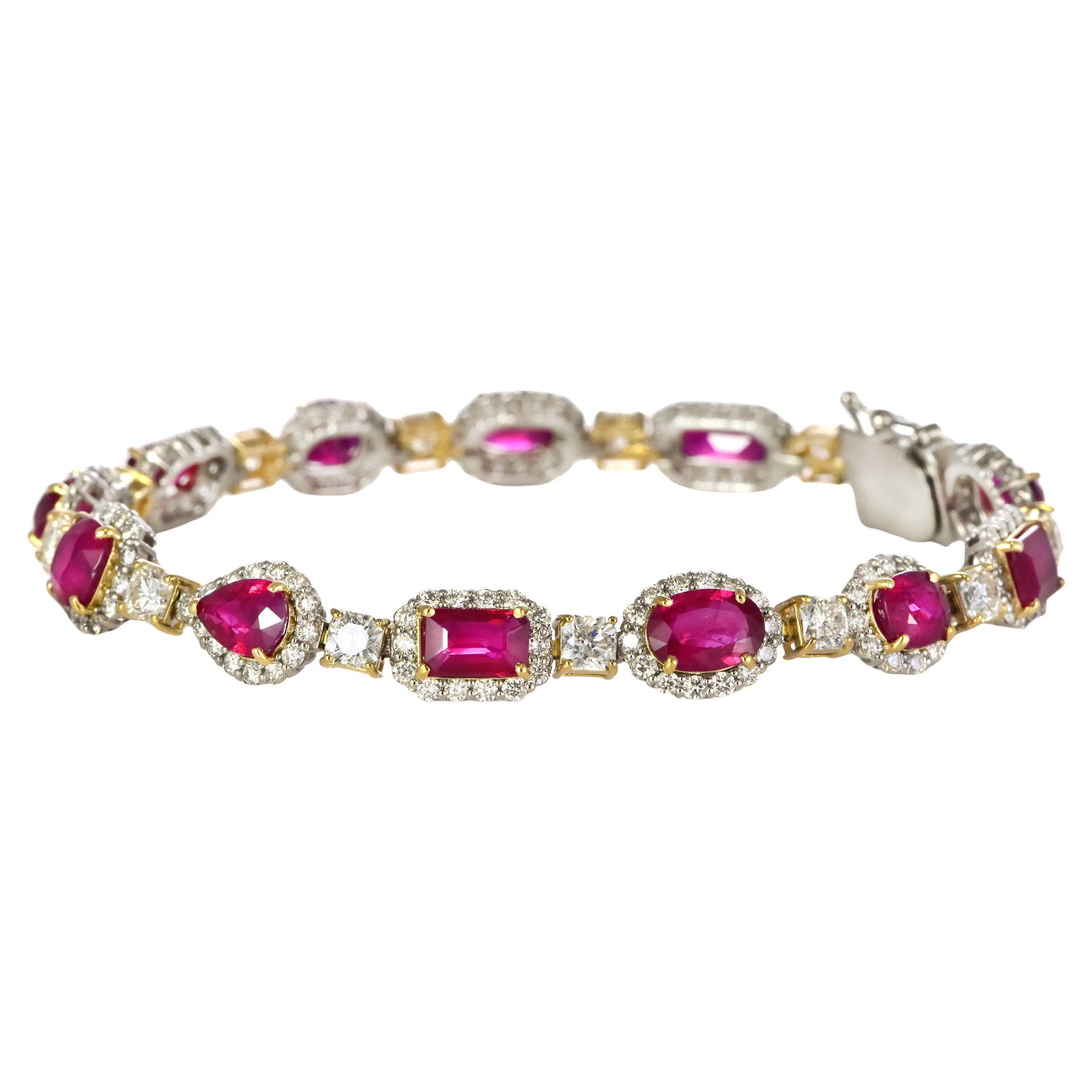 13.68 Carat Natural Burmese Rubies & Diamond Bracelet Made in Platinum/18K Gold For Sale