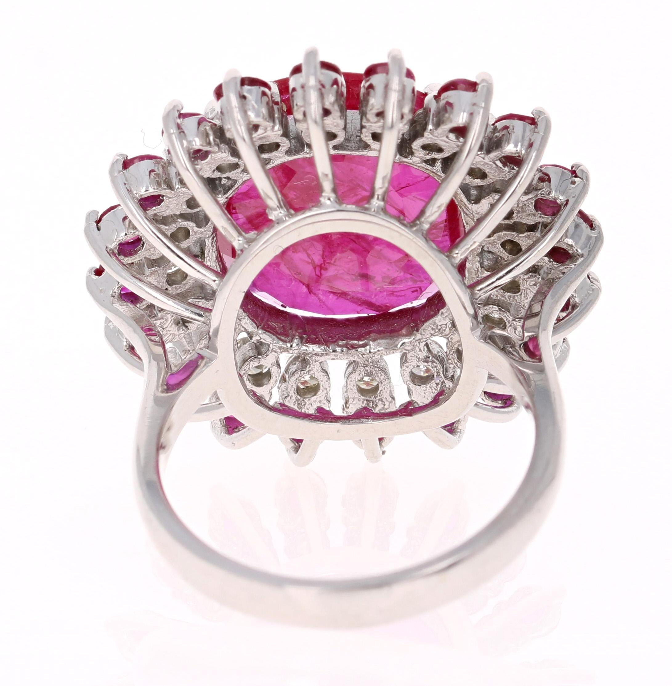 Oval Cut 13.68 Carat Ruby Diamond White Gold Cocktail Ring