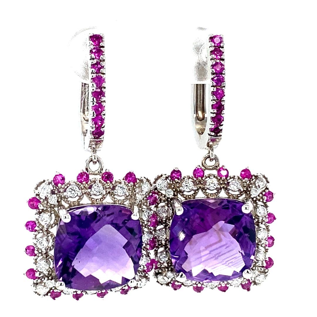 Contemporary 13.69 Carat Amethyst Sapphire and Diamond White Gold Drop Earrings For Sale