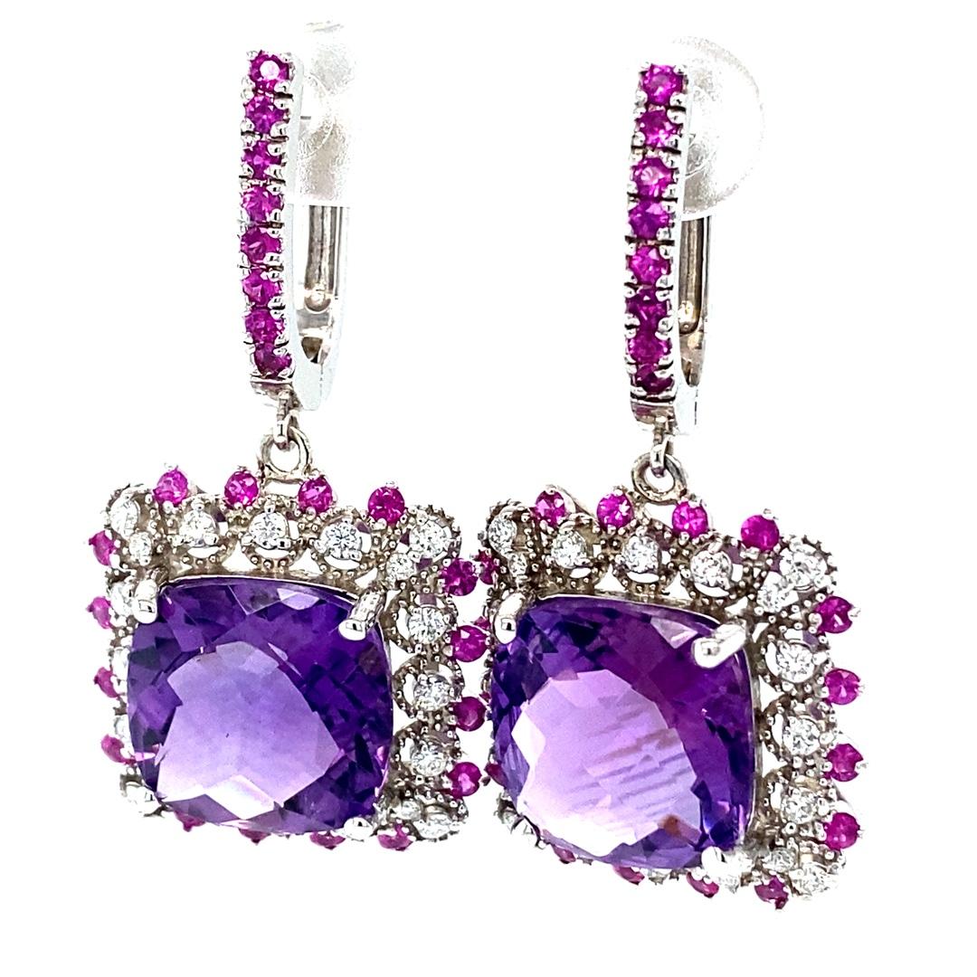 Cushion Cut 13.69 Carat Amethyst Sapphire and Diamond White Gold Drop Earrings For Sale