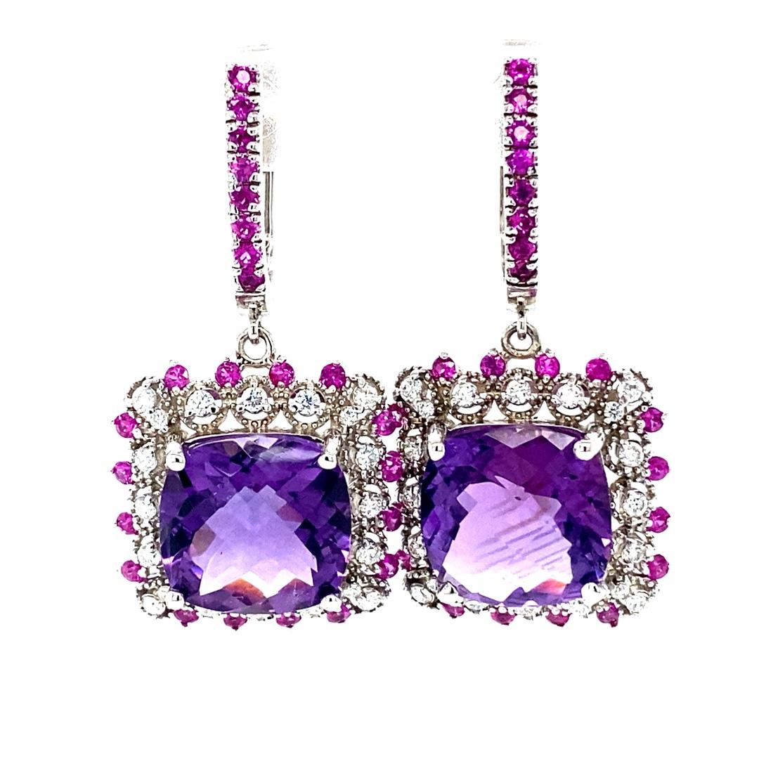 13.69 Carat Amethyst Sapphire and Diamond White Gold Drop Earrings In New Condition For Sale In Los Angeles, CA