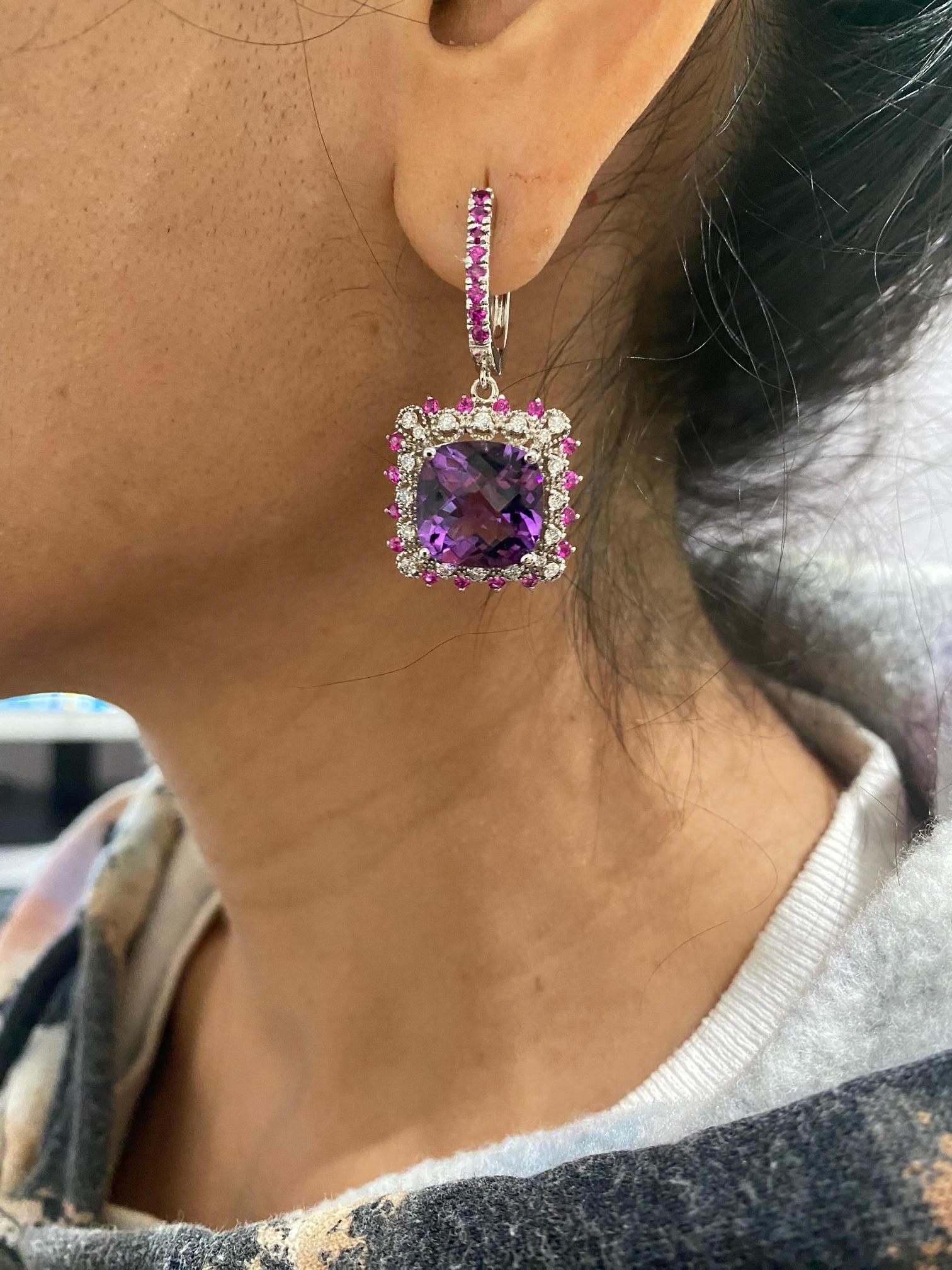 Women's 13.69 Carat Amethyst Sapphire and Diamond White Gold Drop Earrings For Sale
