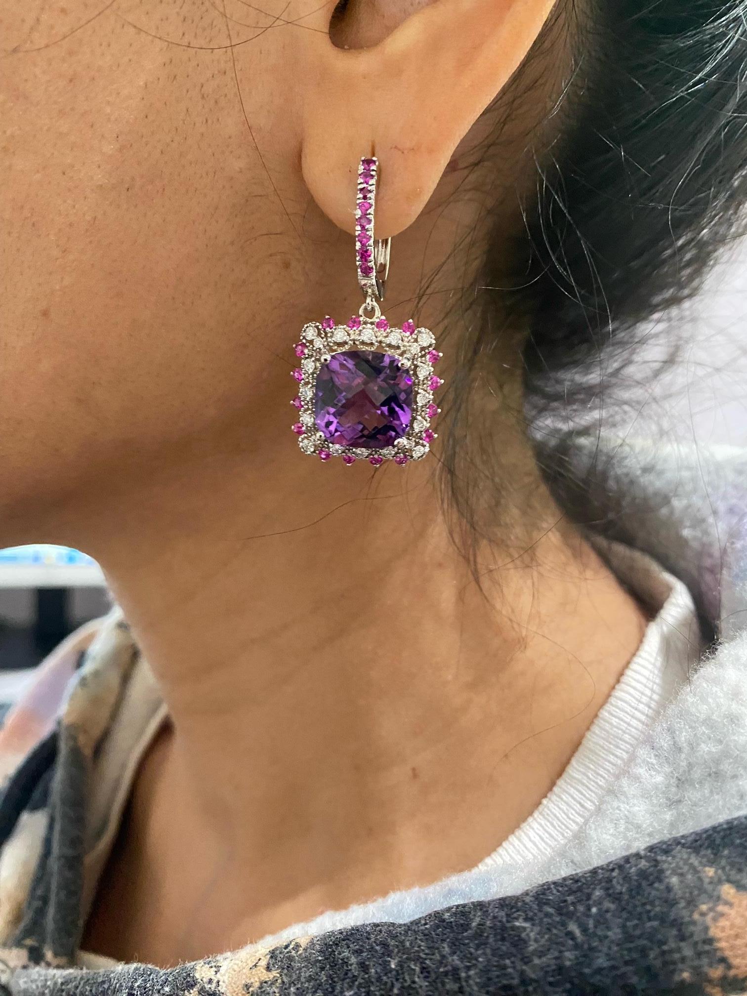 13.69 Carat Amethyst Sapphire and Diamond White Gold Drop Earrings For Sale 1