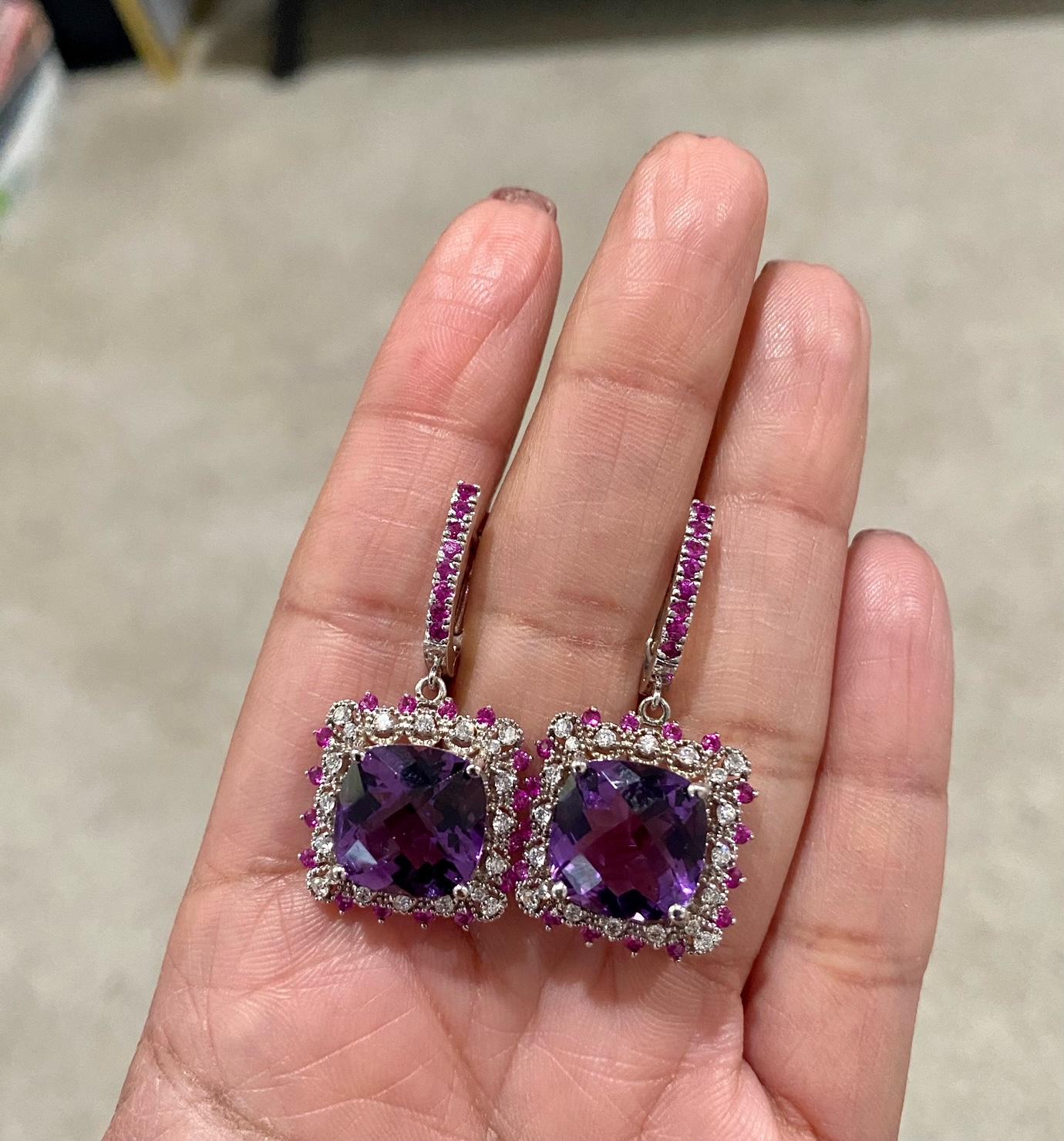 13.69 Carat Amethyst Sapphire and Diamond White Gold Drop Earrings For Sale 2