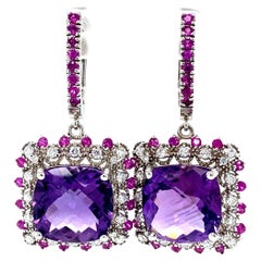 13.69 Carat Amethyst Sapphire and Diamond White Gold Drop Earrings
