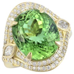 13.69 Carat Natural Green Tourmaline Diamond 18K Yellow Gold Ring