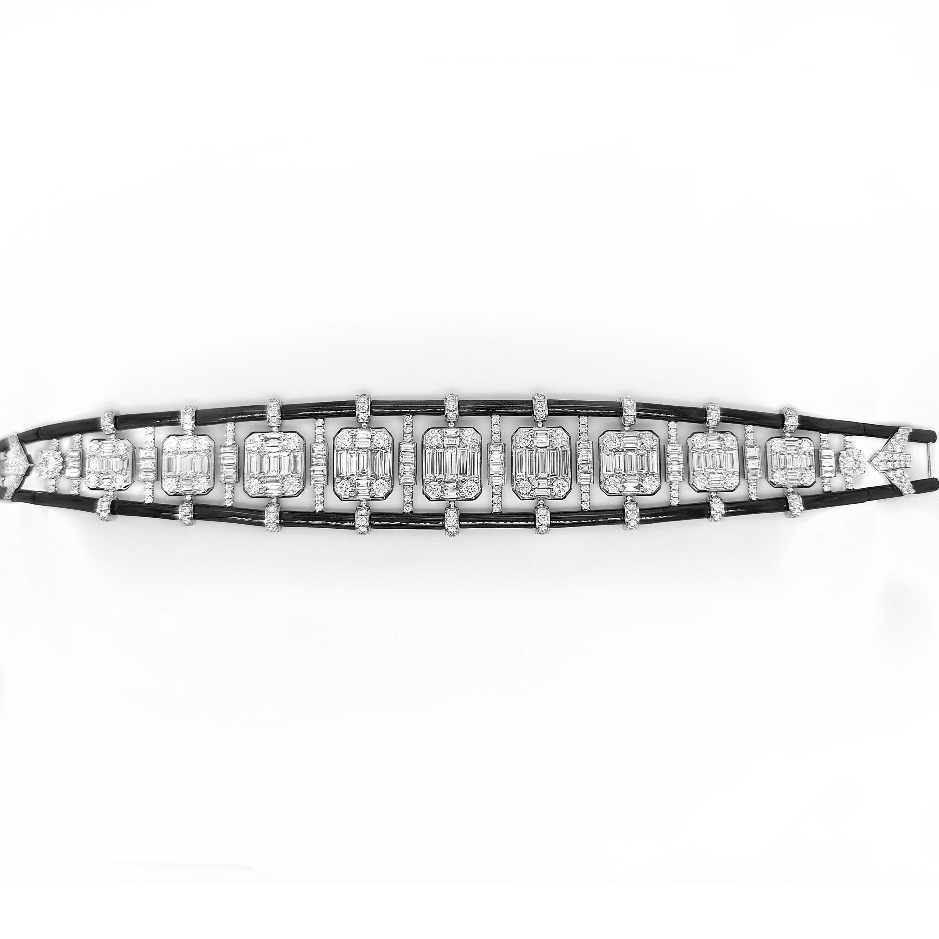 247 White Diamonds: 5.45 Carats
122 White Baguette Diamonds: 8.24 Carats
Metal: 18K White Gold, 47.80 Grams

