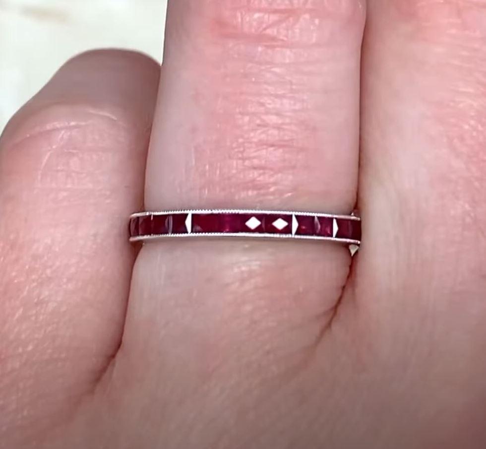 1.36ct French Cut Ruby Eternity Band Ring, Platinum In Excellent Condition For Sale In New York, NY