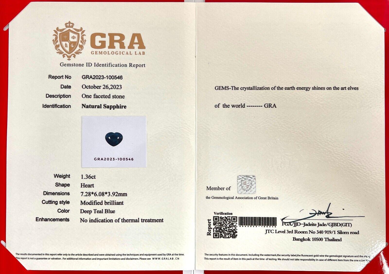 1.36ct Natural Heart Cut Sapphire Gra Certified Deep Blue Teal Untreated If In New Condition For Sale In Birmingham, GB