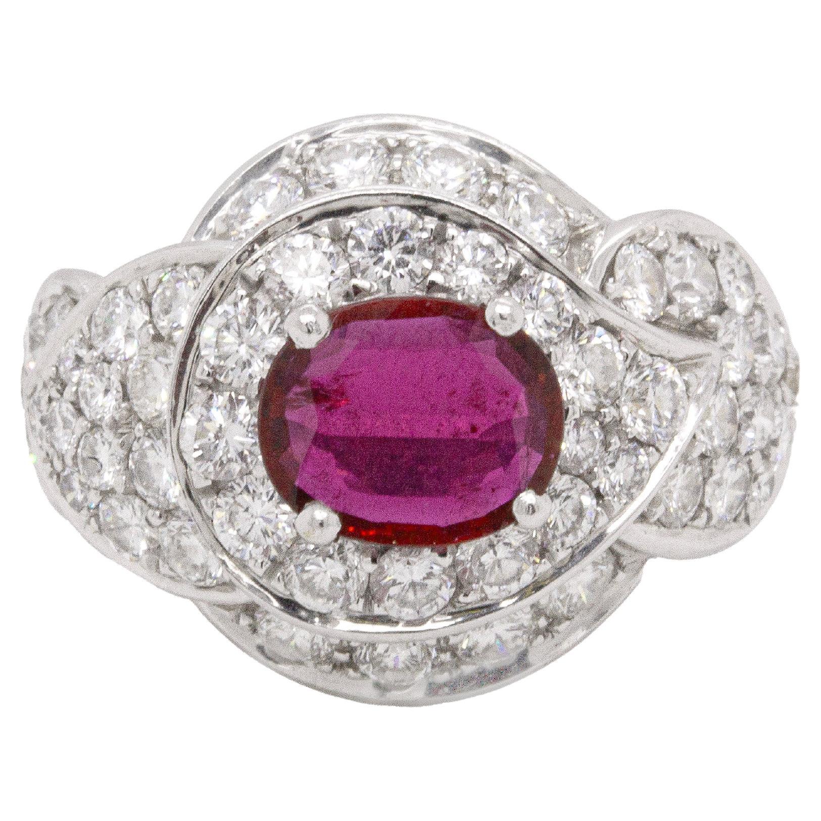 1.36ct Oval Ruby and Diamond 18 Carat White Gold Cocktail Cluster Ring