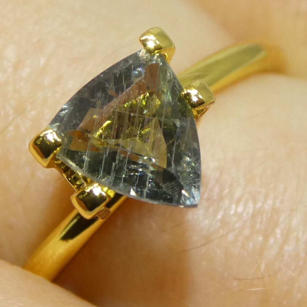 Descripción:

Tipo de gema: Zafiro 
Número de Piedras: 1
Peso: 1,36 cts
Medidas: 7,29 x 6,44 x 3,55 mm 
Forma: Trillón/Triángulo
Corte Estilo Corona: Corte Brillante
Pabellón del Estilo de Corte: Corte Escalonado 
Transparencia: