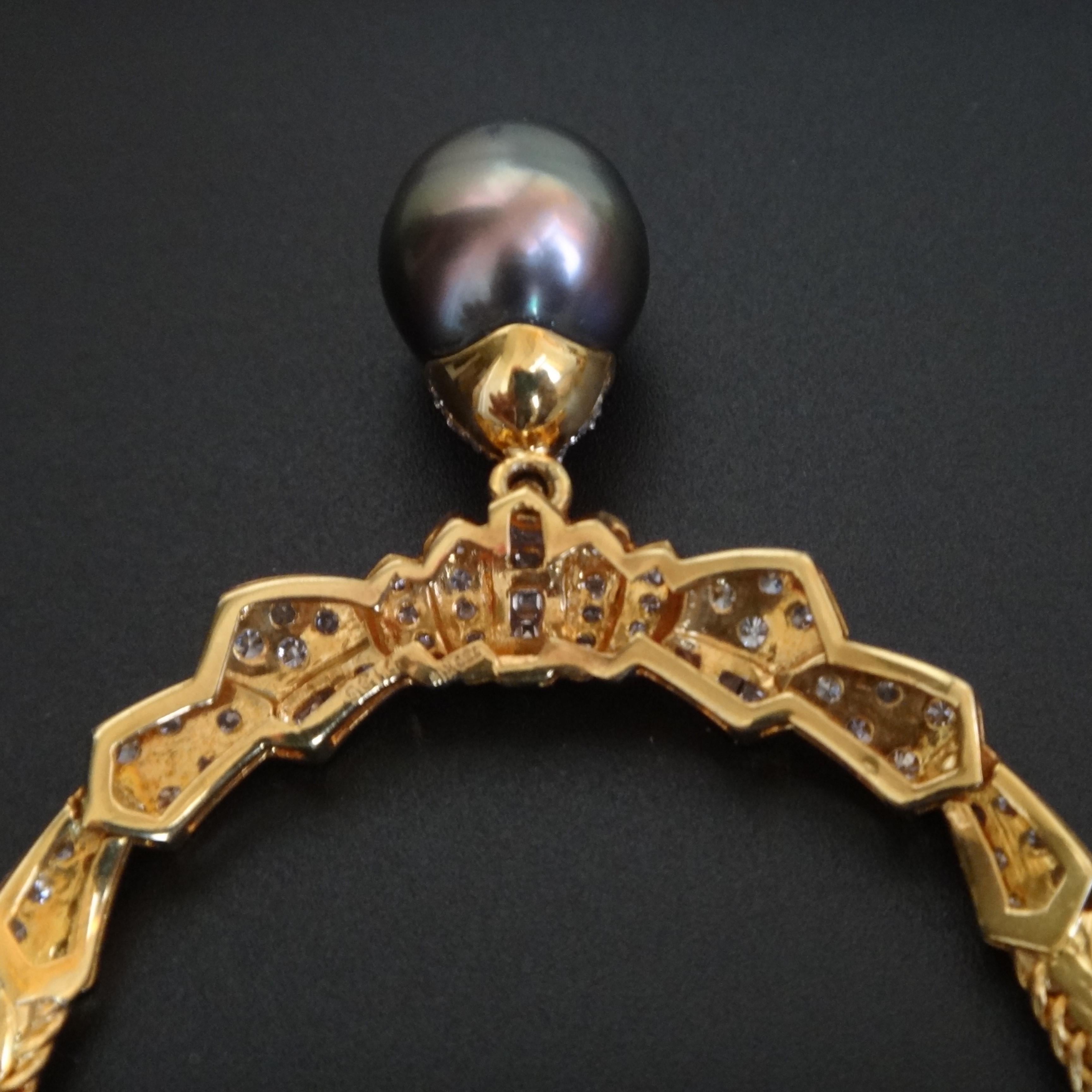 1.36CTS Diamand Tahitian Black Pearl 18K Gold Necklace Italy Made  For Sale 4