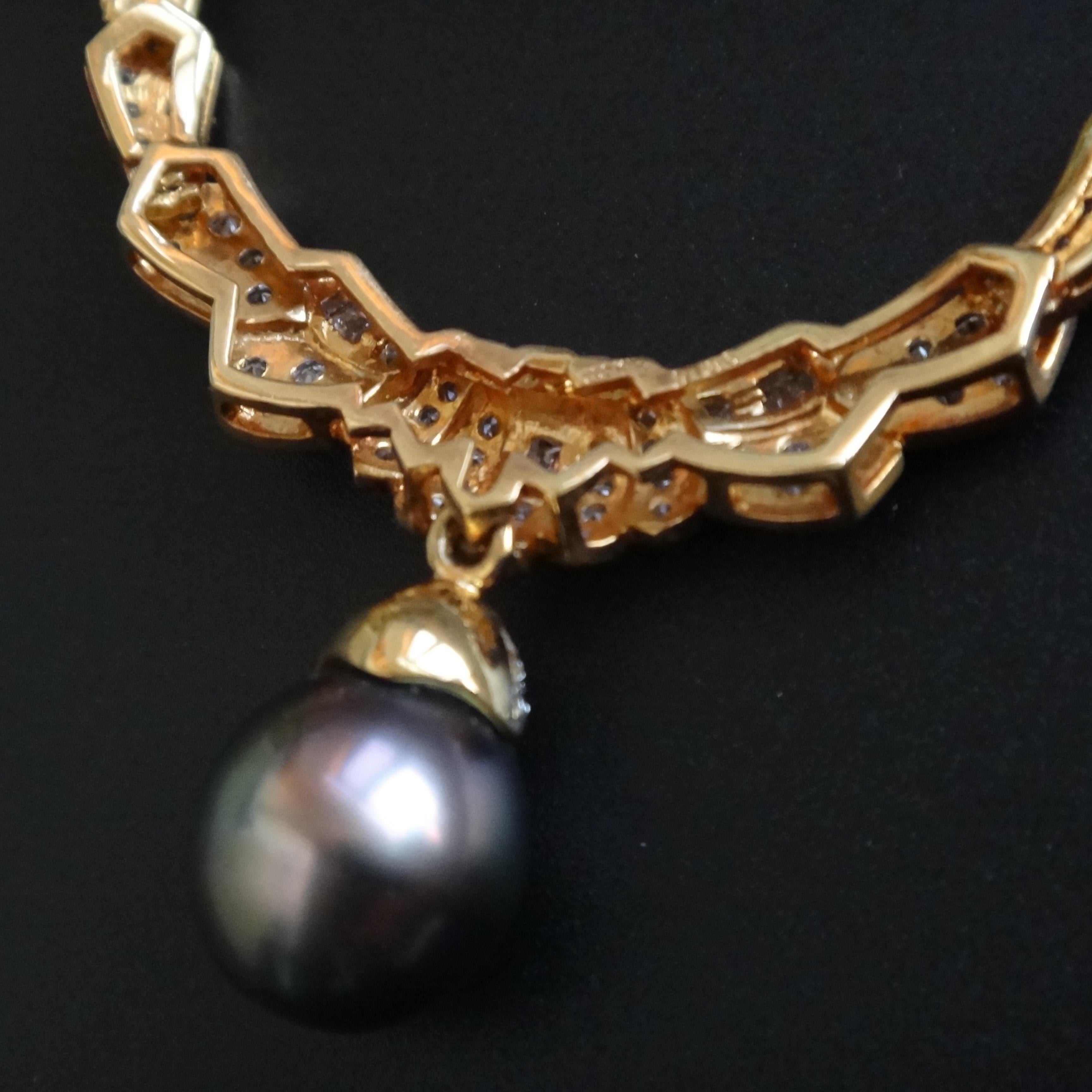 1.36CTS Diamand Tahitian Black Pearl 18K Gold Necklace Italy Made  For Sale 5