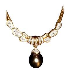1.36CTS Diamand Tahitian Black Pearl 18K Gold Necklace Italy Made