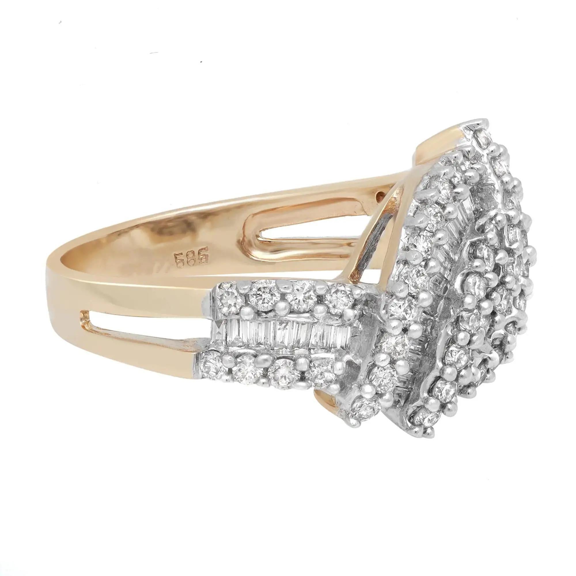 This beautiful diamond ladies cocktail ring exceptionally holds channel set baguette cut diamonds and prong set round brilliant cut diamonds in an elegant knot shape shank. Crafted in fine 14k yellow gold. Total diamond weight: 1.36 carats. Diamond