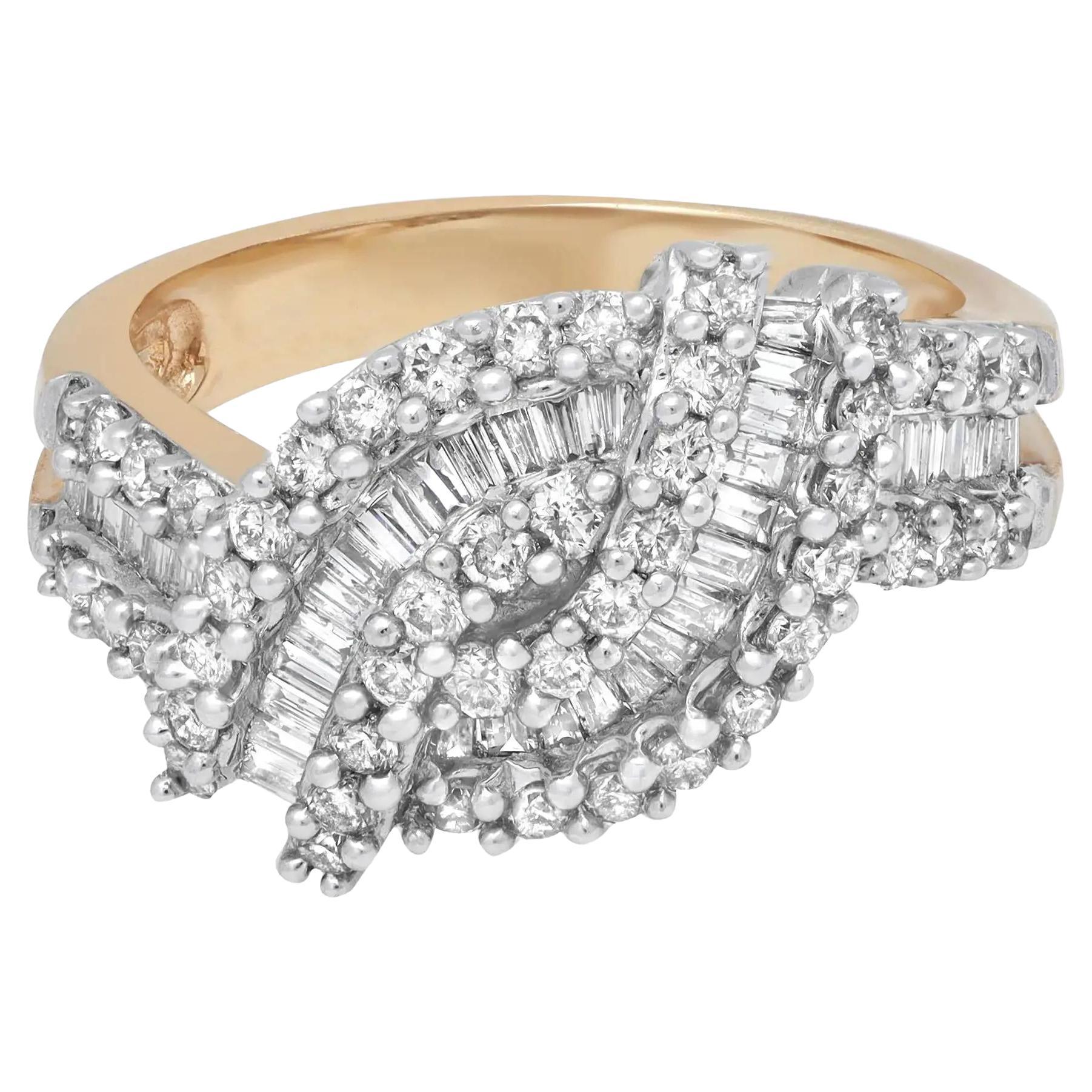 1.36cttw Baguette and Round Cut Diamond Cocktail Ring 14k Yellow Gold For Sale