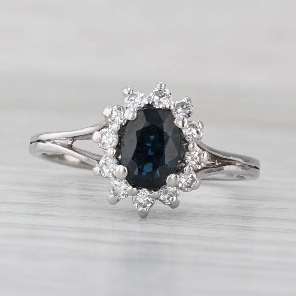 1.36ctw Blue Sapphire Diamond Halo Ring 14k White Gold Engagement Size 8.25 Bon état - En vente à McLeansville, NC