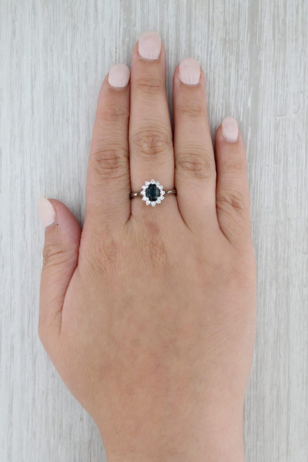 1.36ctw Blue Sapphire Diamond Halo Ring 14k White Gold Engagement Size 8.25 en vente 2