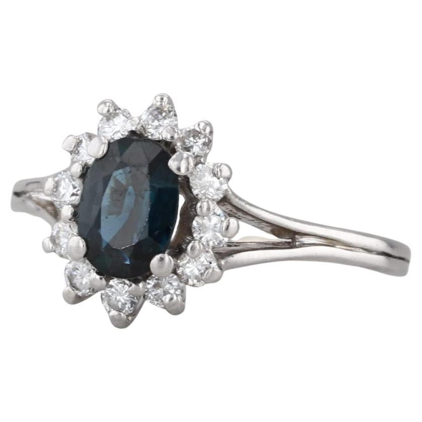 1.36ctw Blue Sapphire Diamond Halo Ring 14k White Gold Engagement Size 8.25