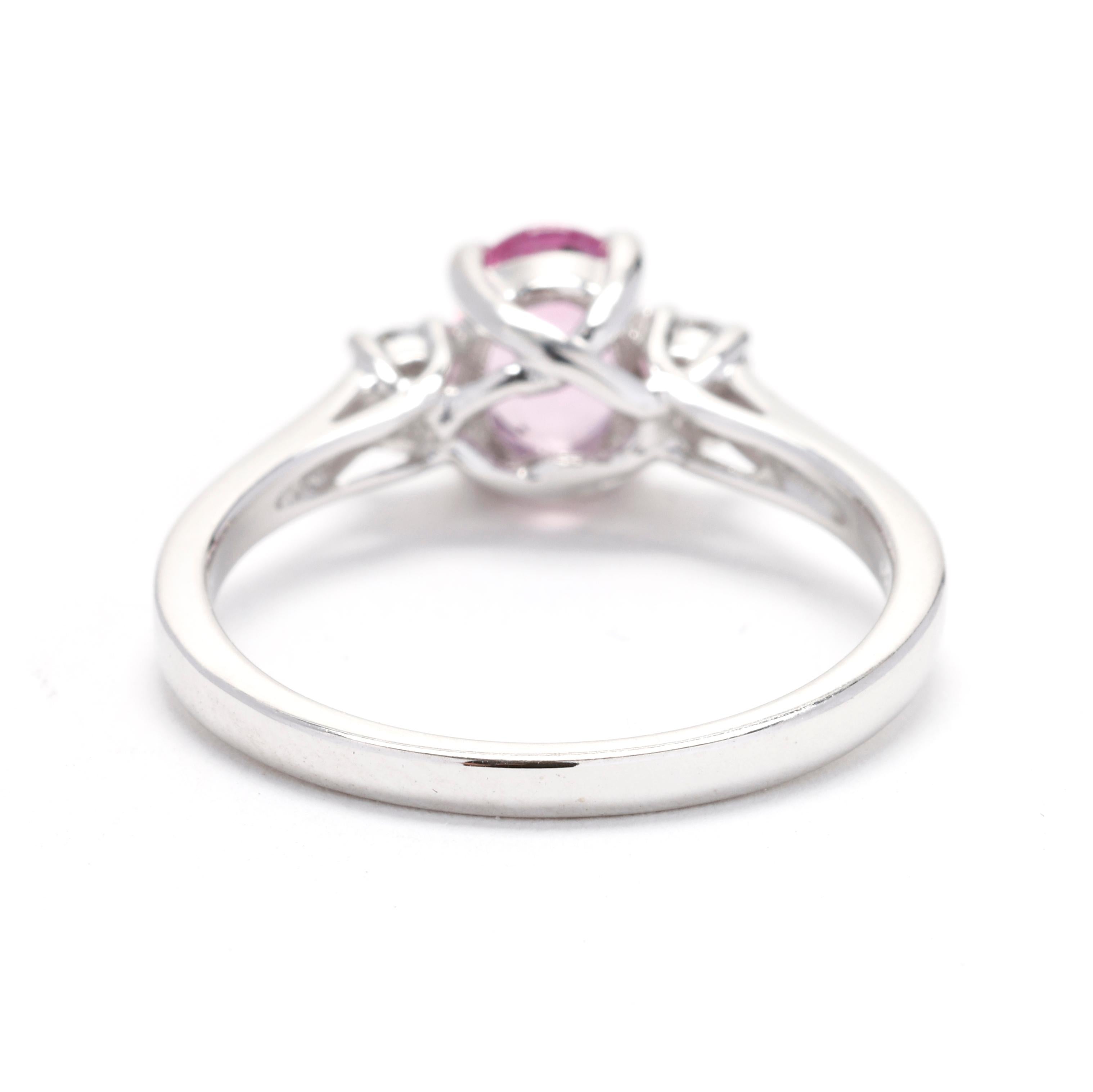 Oval Cut 1.36ctw Diamond and Pink Sapphire 3 Stone Ring, 14k White Gold, Ring Size 7 For Sale