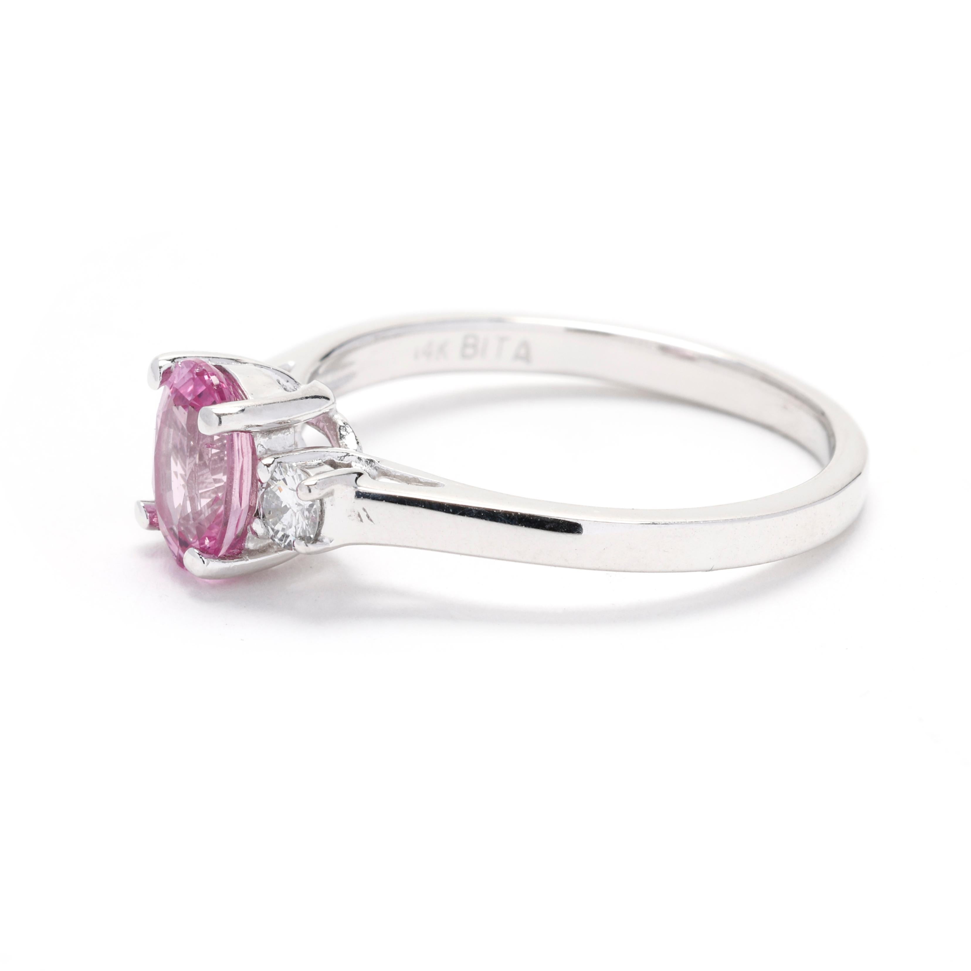 1.36ctw Diamond and Pink Sapphire 3 Stone Ring, 14k White Gold, Ring Size 7 In Good Condition For Sale In McLeansville, NC