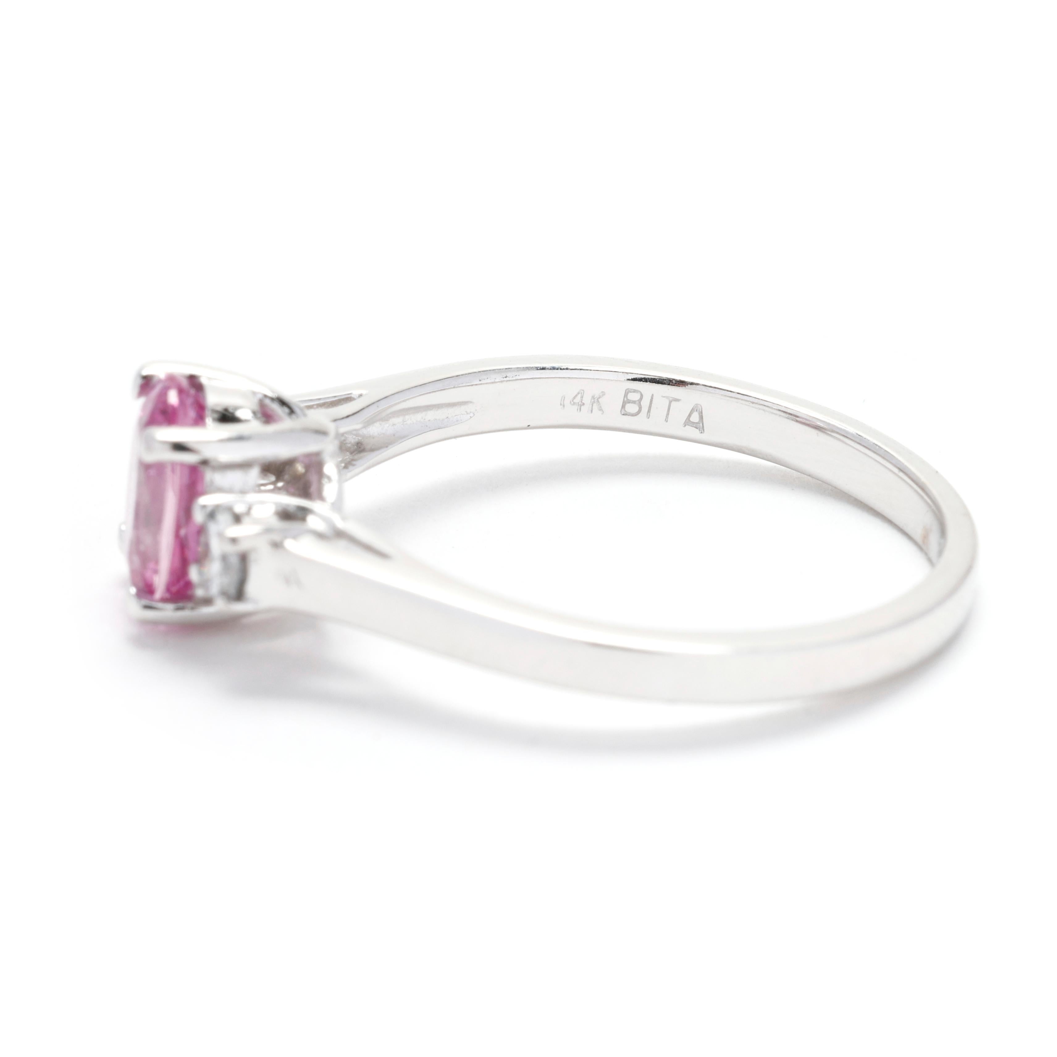 Women's or Men's 1.36ctw Diamond and Pink Sapphire 3 Stone Ring, 14k White Gold, Ring Size 7 For Sale