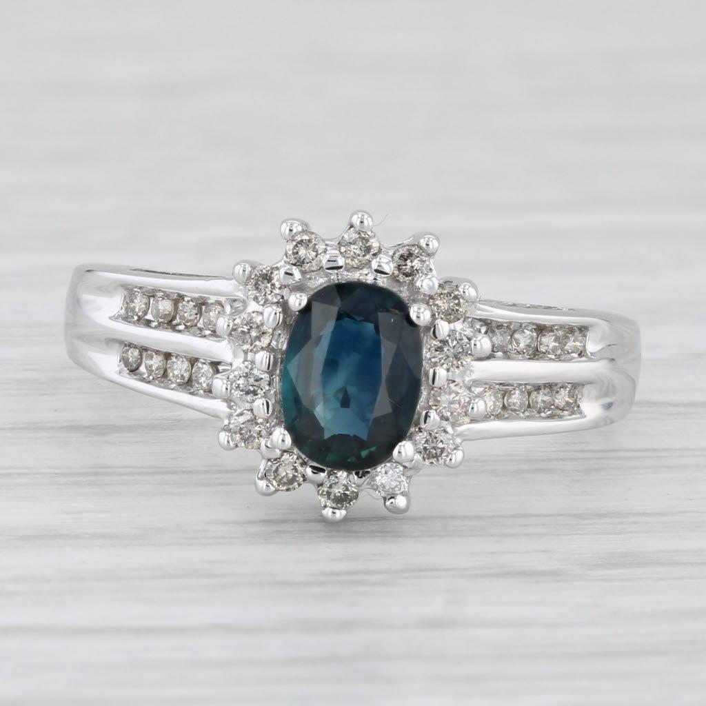 1.36ctw Oval Blue Sapphire Diamond Halo Ring 14k White Gold Size 9 Engagement In Good Condition In McLeansville, NC