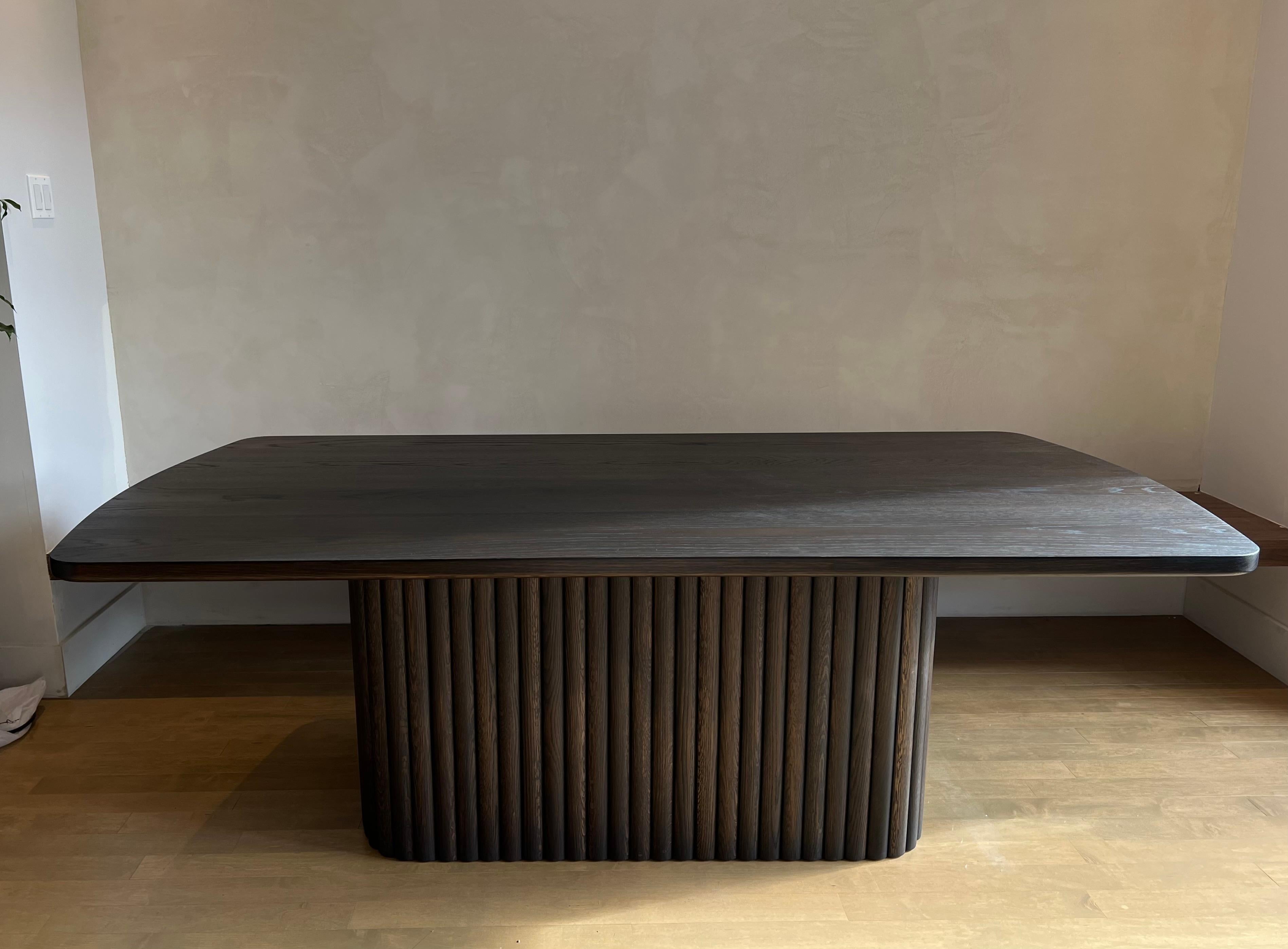 Ebonized 136L x 48W Tambour Pedestal Dining Table, by Ambrozia, Solid Dark Oak  For Sale