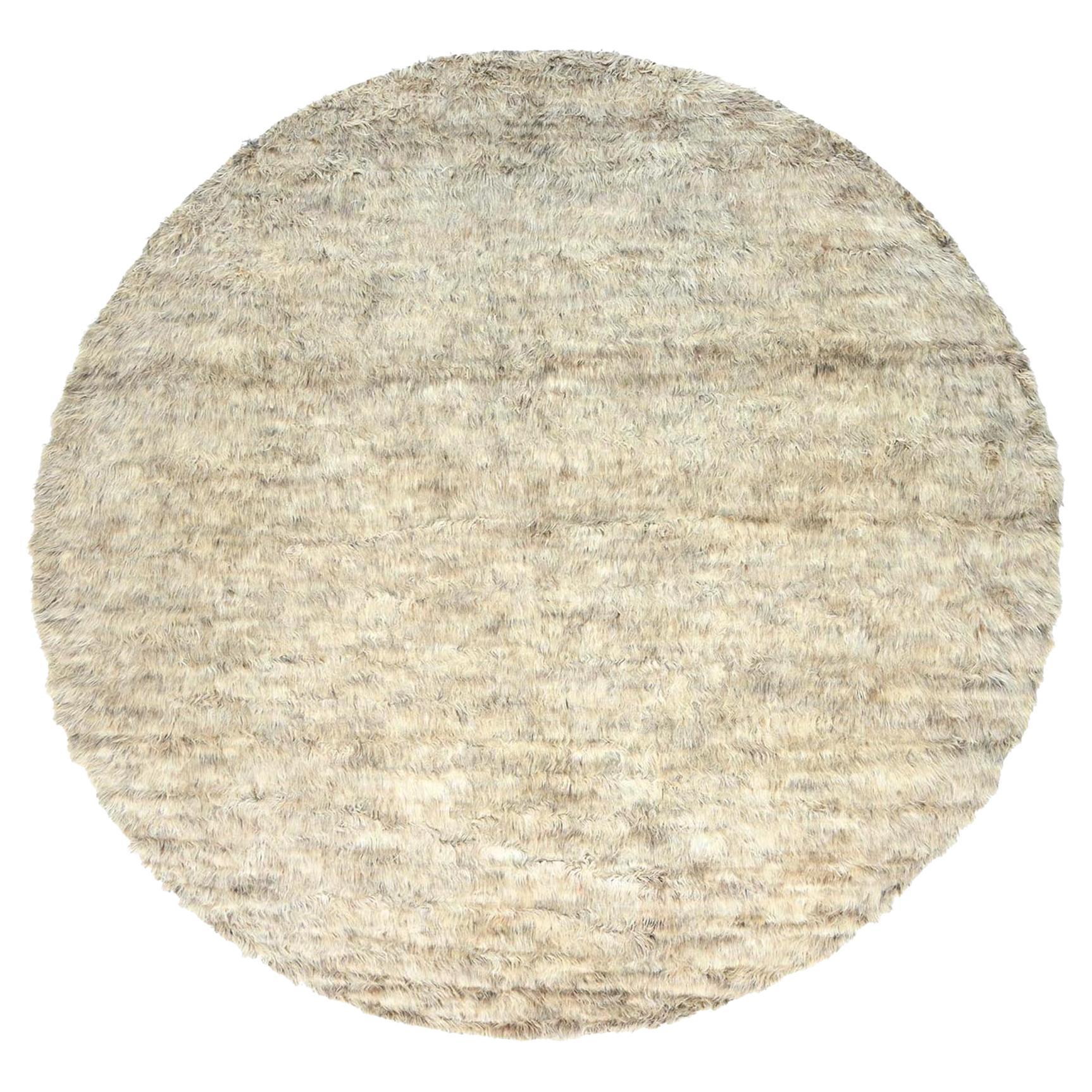 13'6"x13'6" Beige, Shag Flokati Greek Style, Natural Wool Hand Knotted Round Rug