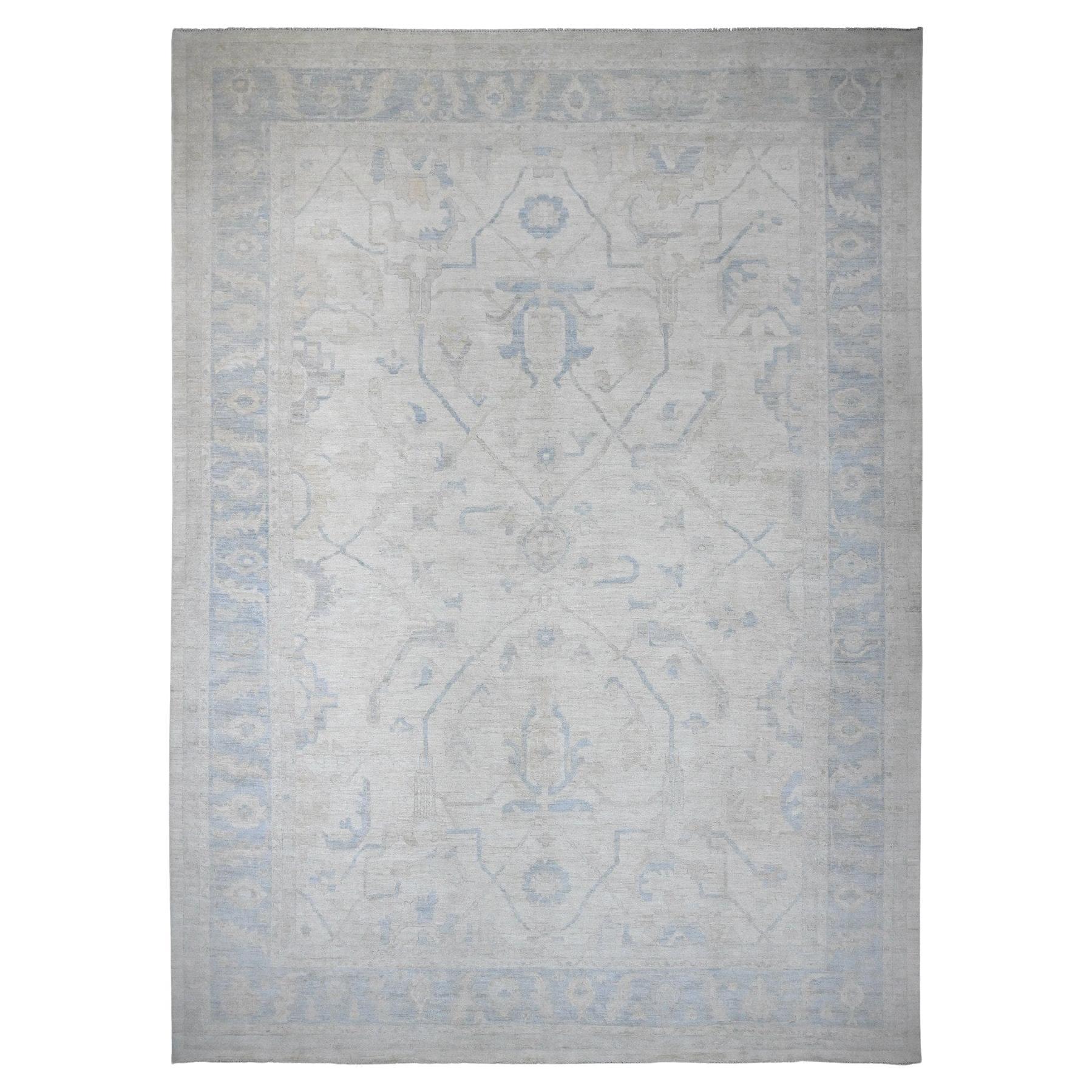 13'6"x18'5" Perle Weißer handgeknüpfter afghanischer Angora Oushak Vines Design Wollteppich in Perlen