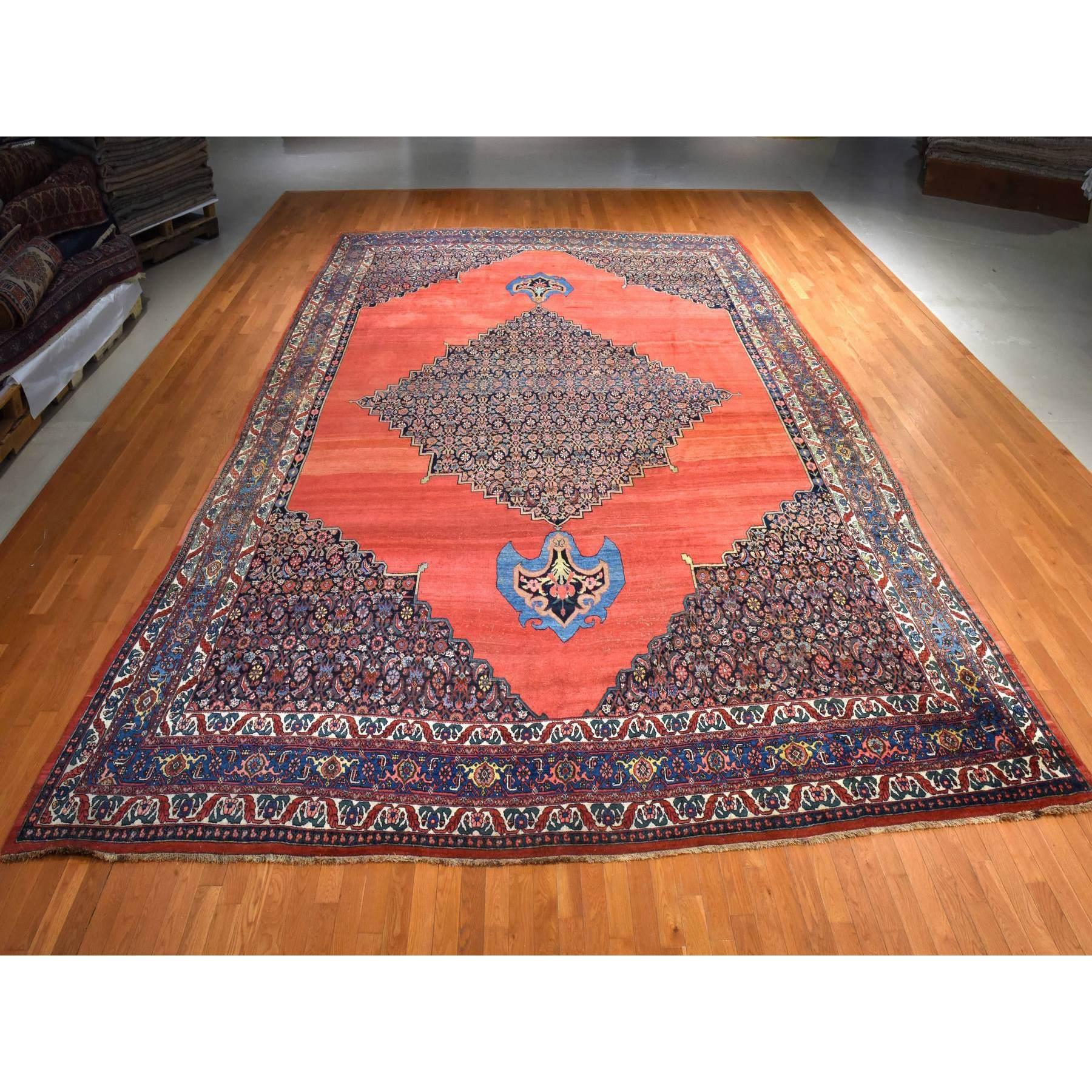 Copper Red, Antique Persian Bidjar, Open Field Anchor Medallion Design, Good Condition, Clean, Abrush, Sides and Ends Professionally Secured, 100% Wool, Hand Knotted, XL, Oversized, Oriental rug
Primary materials: Wool
Latex: No Pile 
height: 0.25