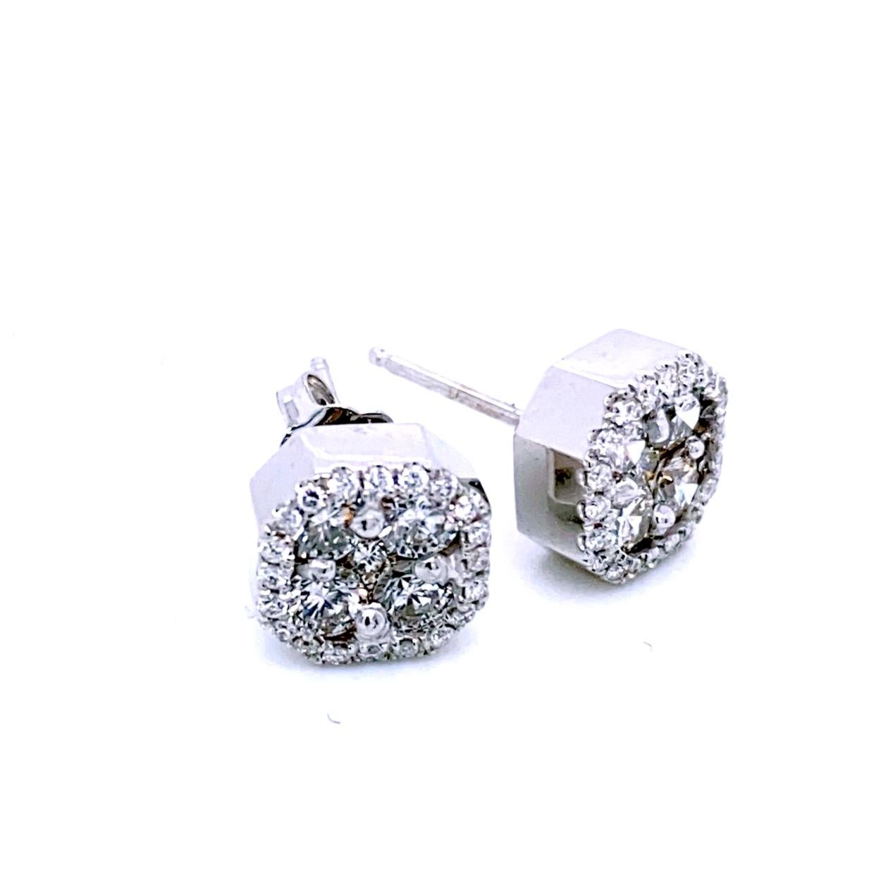 This beautiful pair of earrings are made in 14K Gold with 8 pieces of 3.2mm Round Brilliant Diamonds Invisible set with 2 pieces of 2.0mm Round Brilliant diamonds in the middle to create a seamless look placed in the center of a square halo pave set