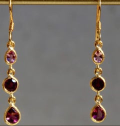 1.37 Carat 14K French Wire Tourmaline & Rhodolite 3 Stone Dangle Earrings